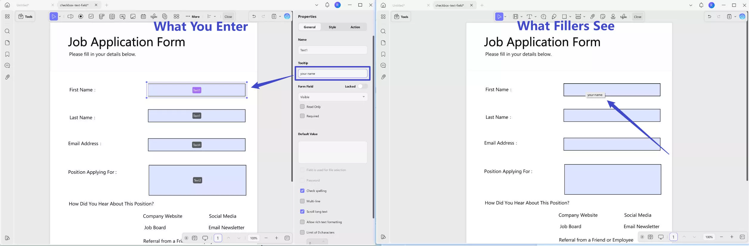 Tooltip for text field updf windows