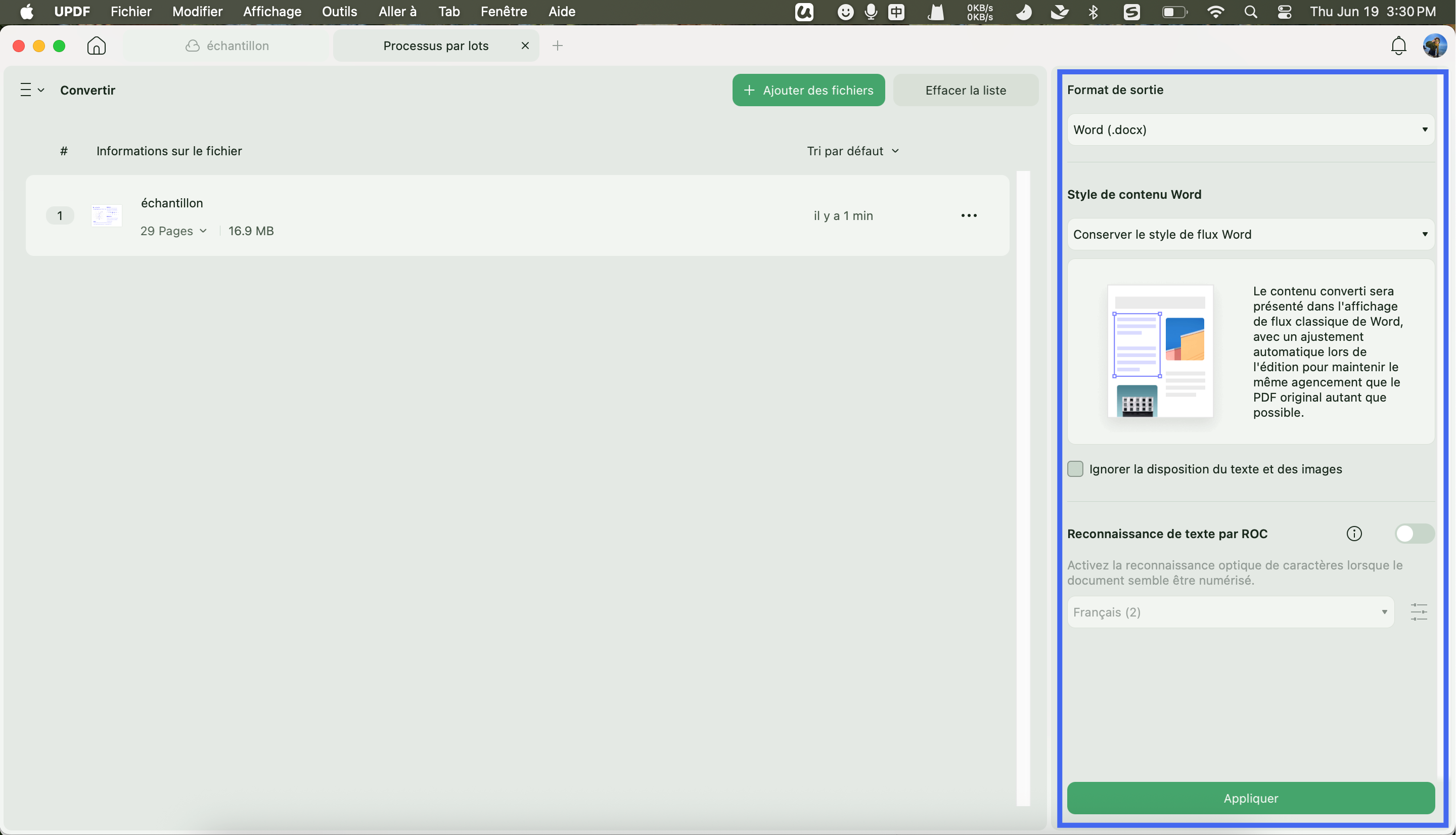 définir les paramètres de conversion par lots et appliquer updf mac