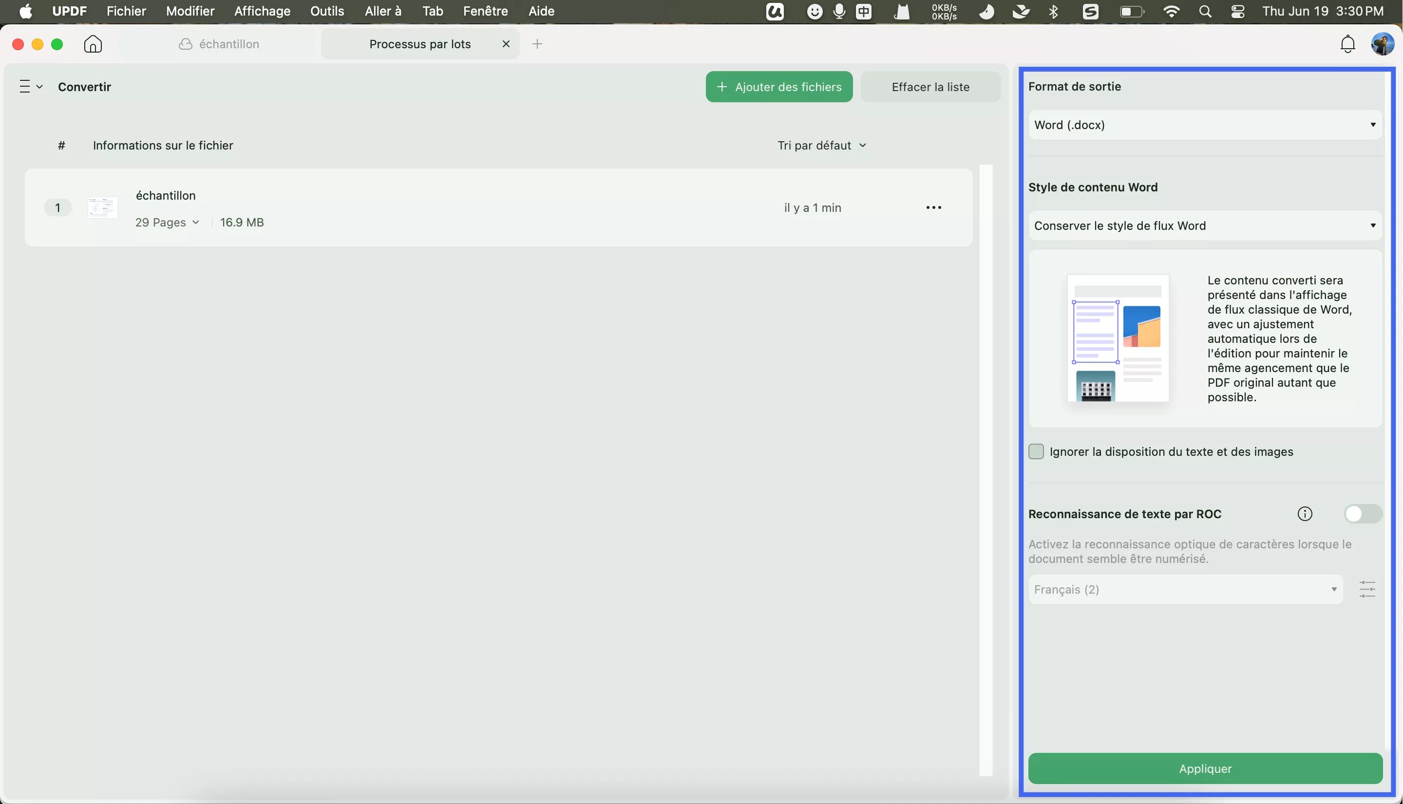 définir les paramètres de conversion par lots et appliquer updf mac