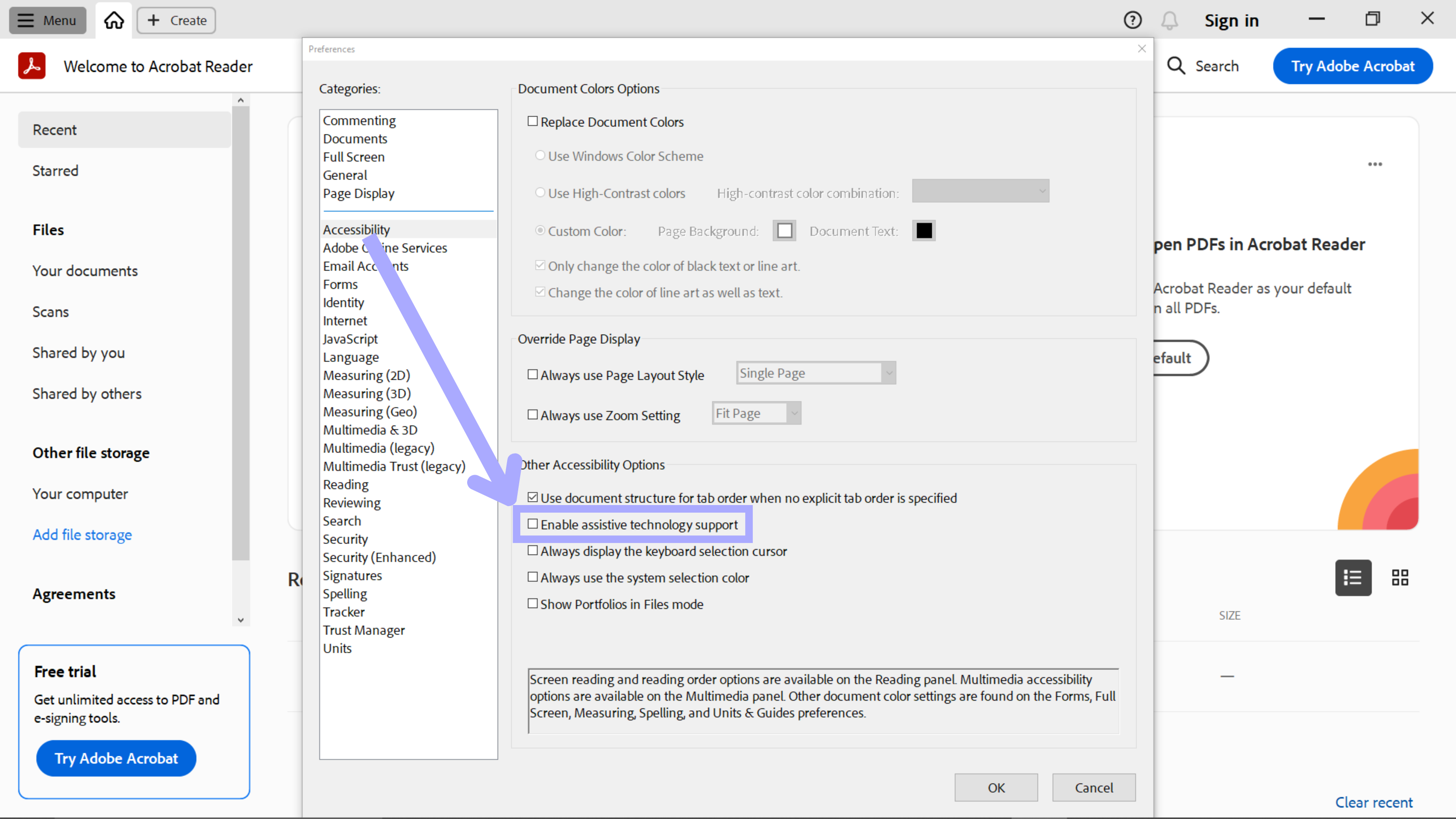 uncheck enable assistive technology support acrobat