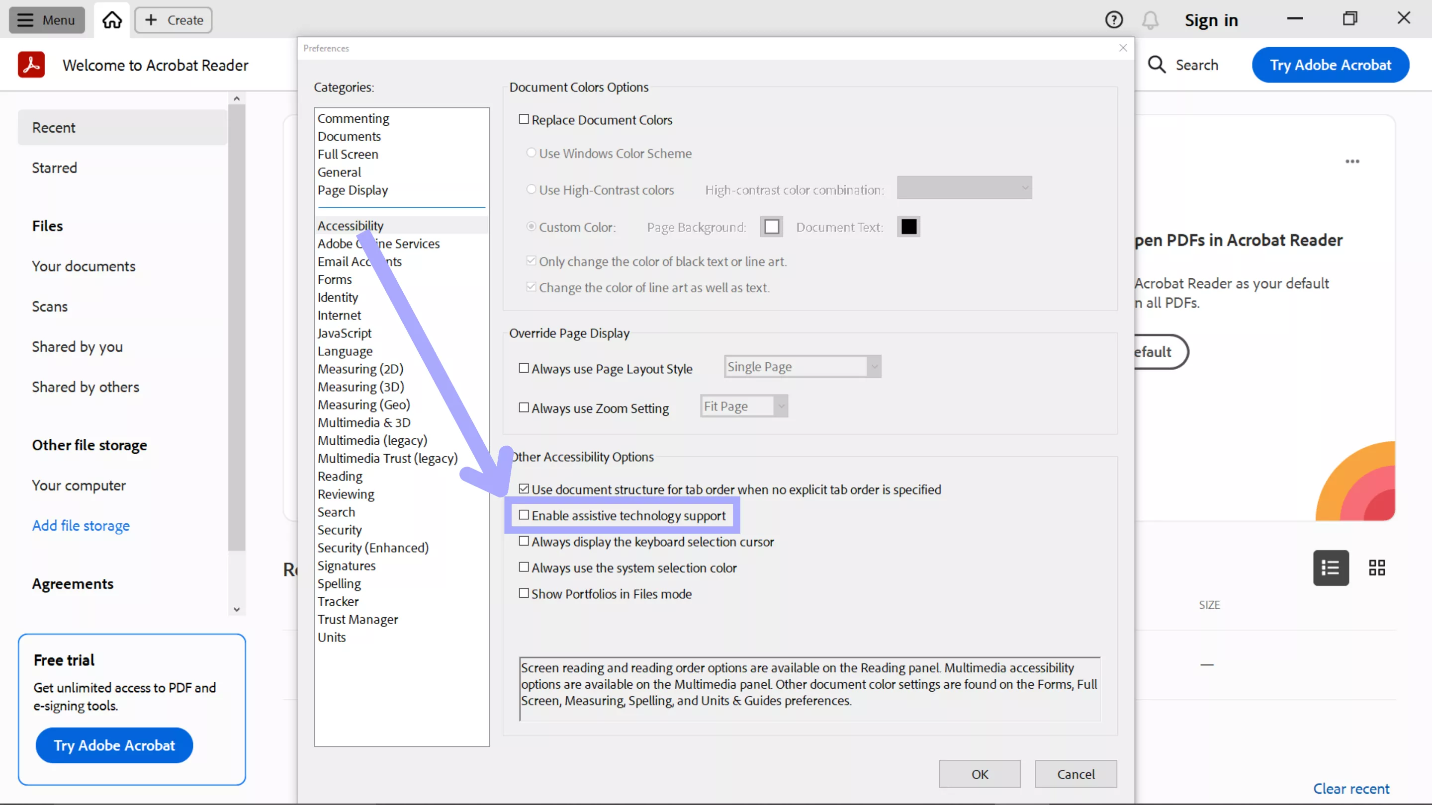 uncheck enable assistive technology support acrobat
