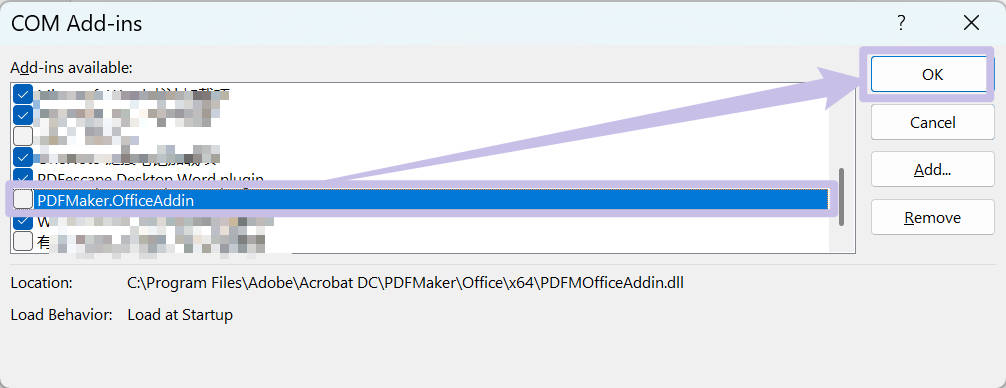 uncheck pdfmaker addin in word