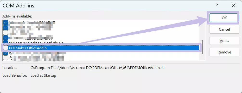 uncheck pdfmaker addin in word