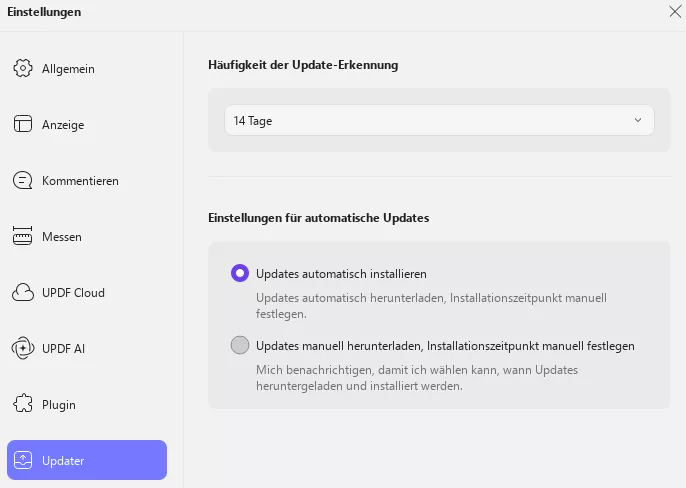 Einstellungen für das Update-Programm updf Windows