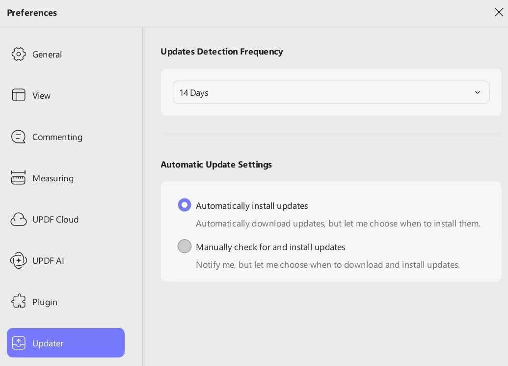updater preferences updf windows