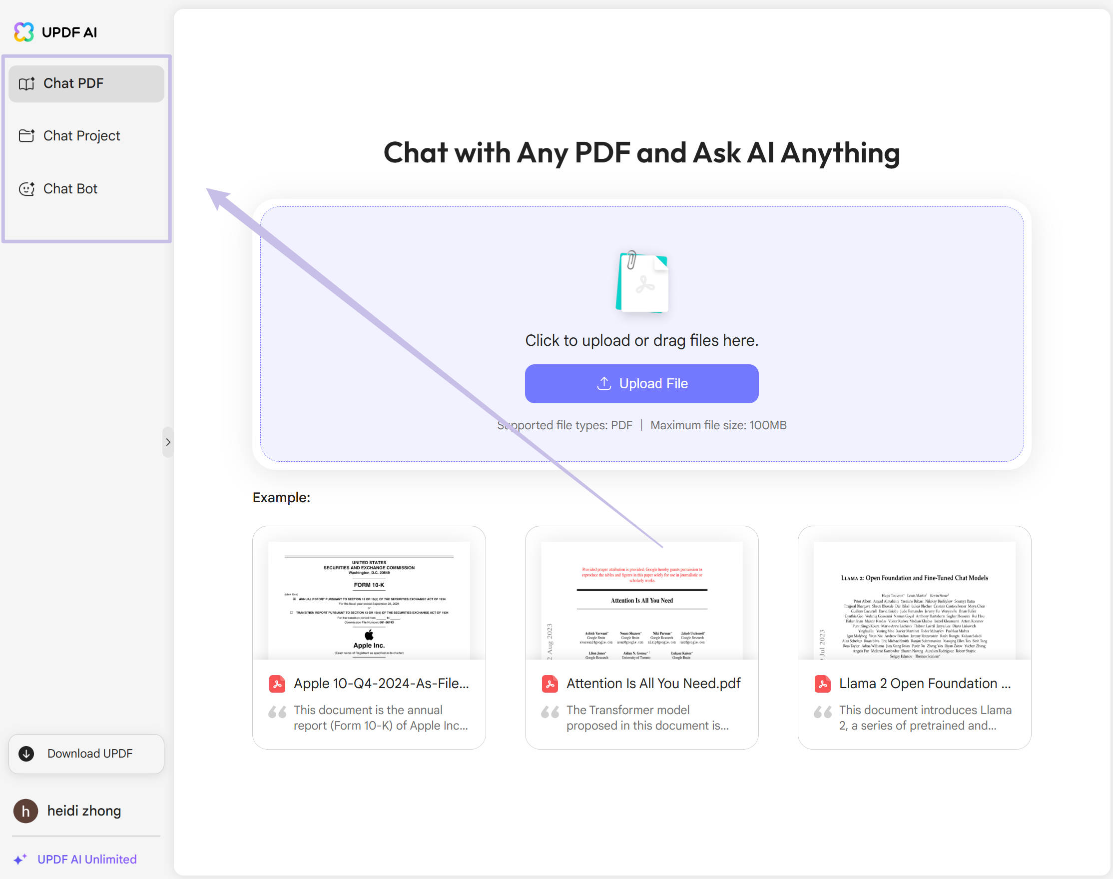updf ai online ver 2 interface
