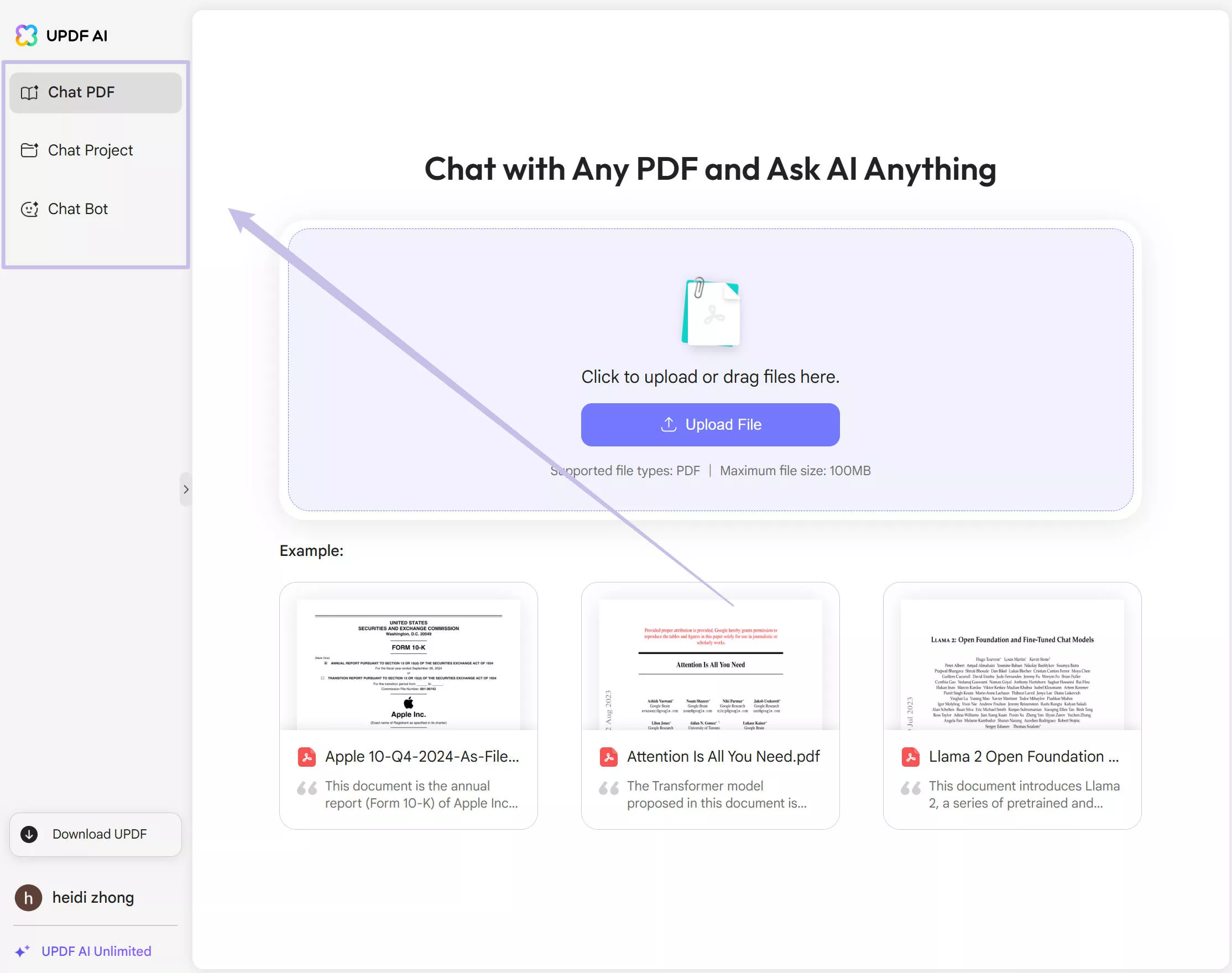 updf ai online ver 2 interface