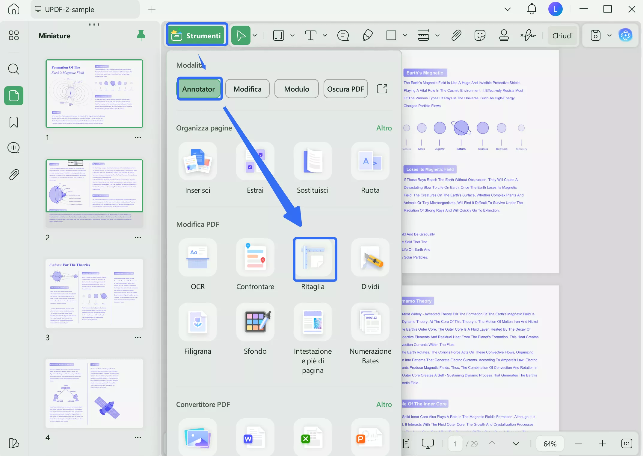 locate crop pages updf tool