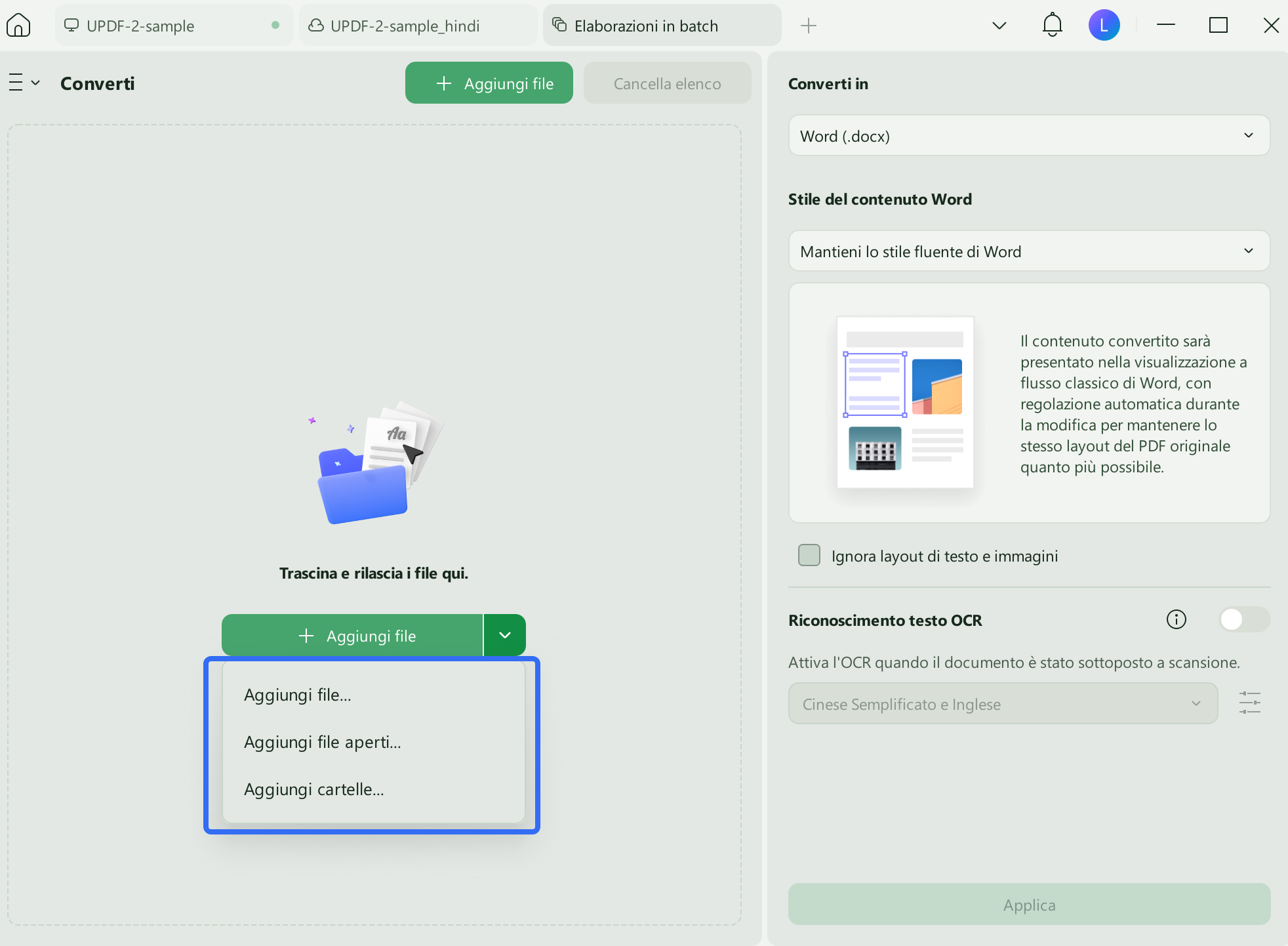 aggiungere file in batch converti