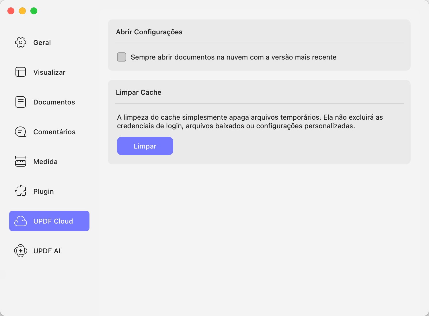 preferências de nuvem updf mac