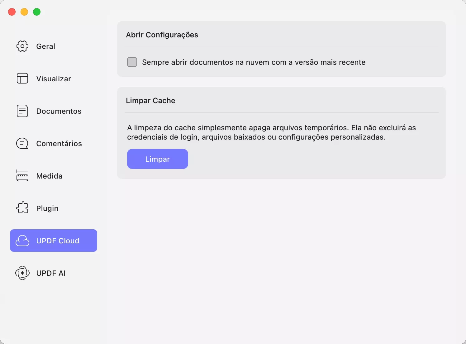 preferências de nuvem updf mac