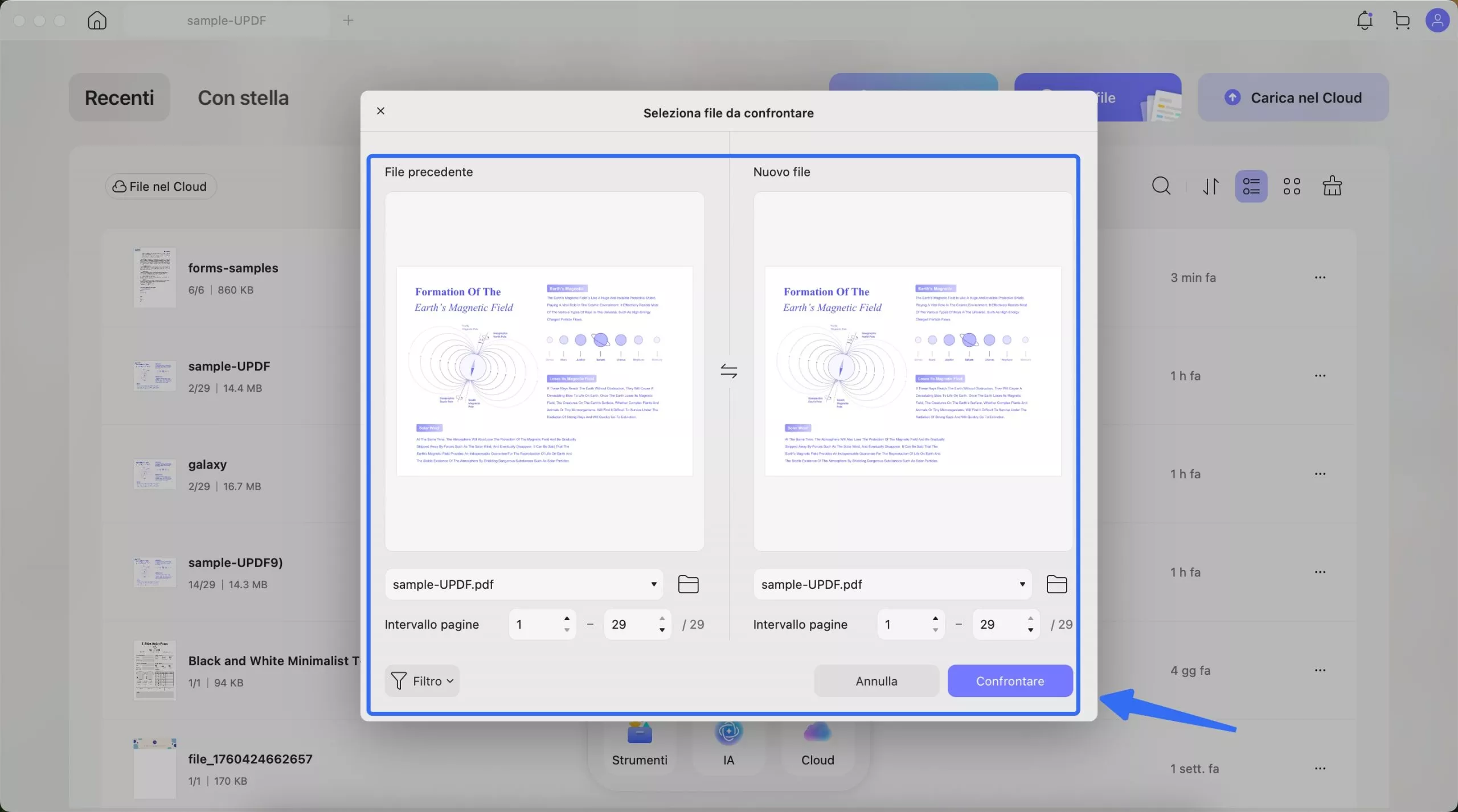 add pdfs and proceed to compare updf mac