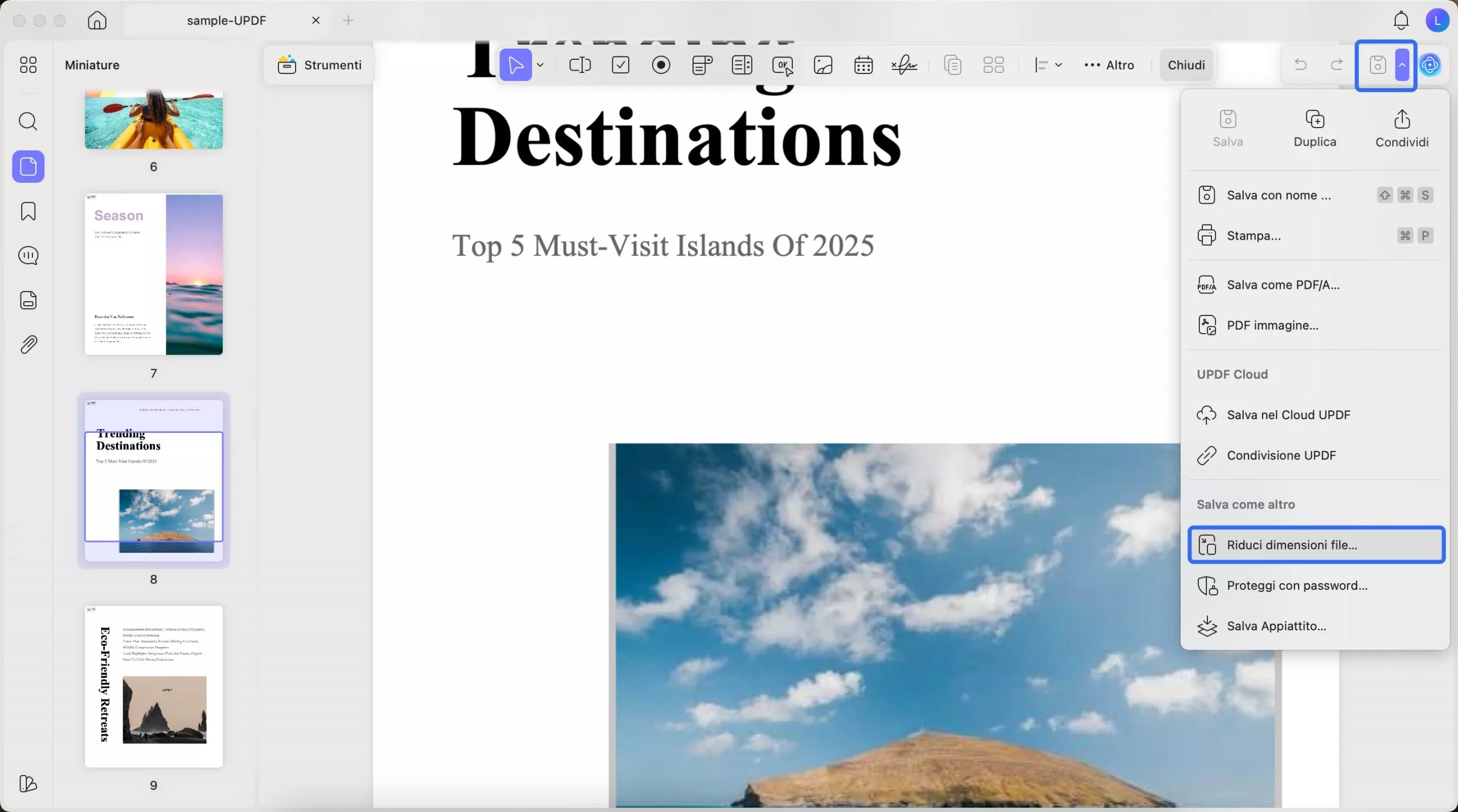 locate reduce file size save section updf mac