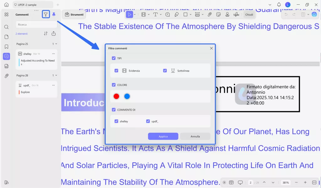 filter comments updf it