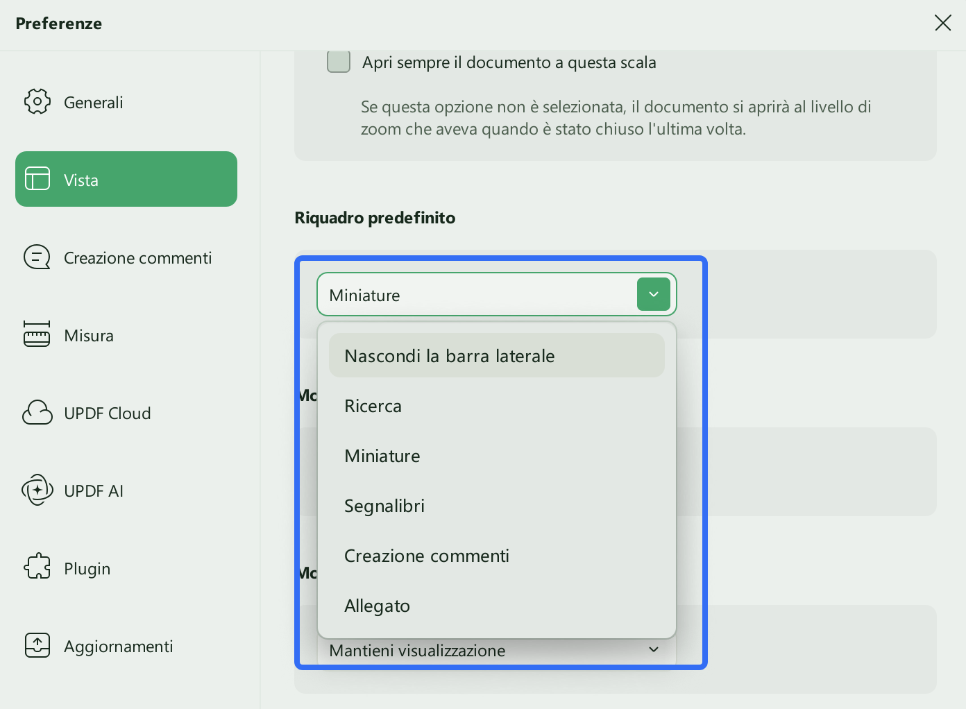 default left panel settings updf windows