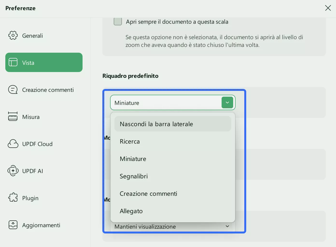 default left panel settings updf windows