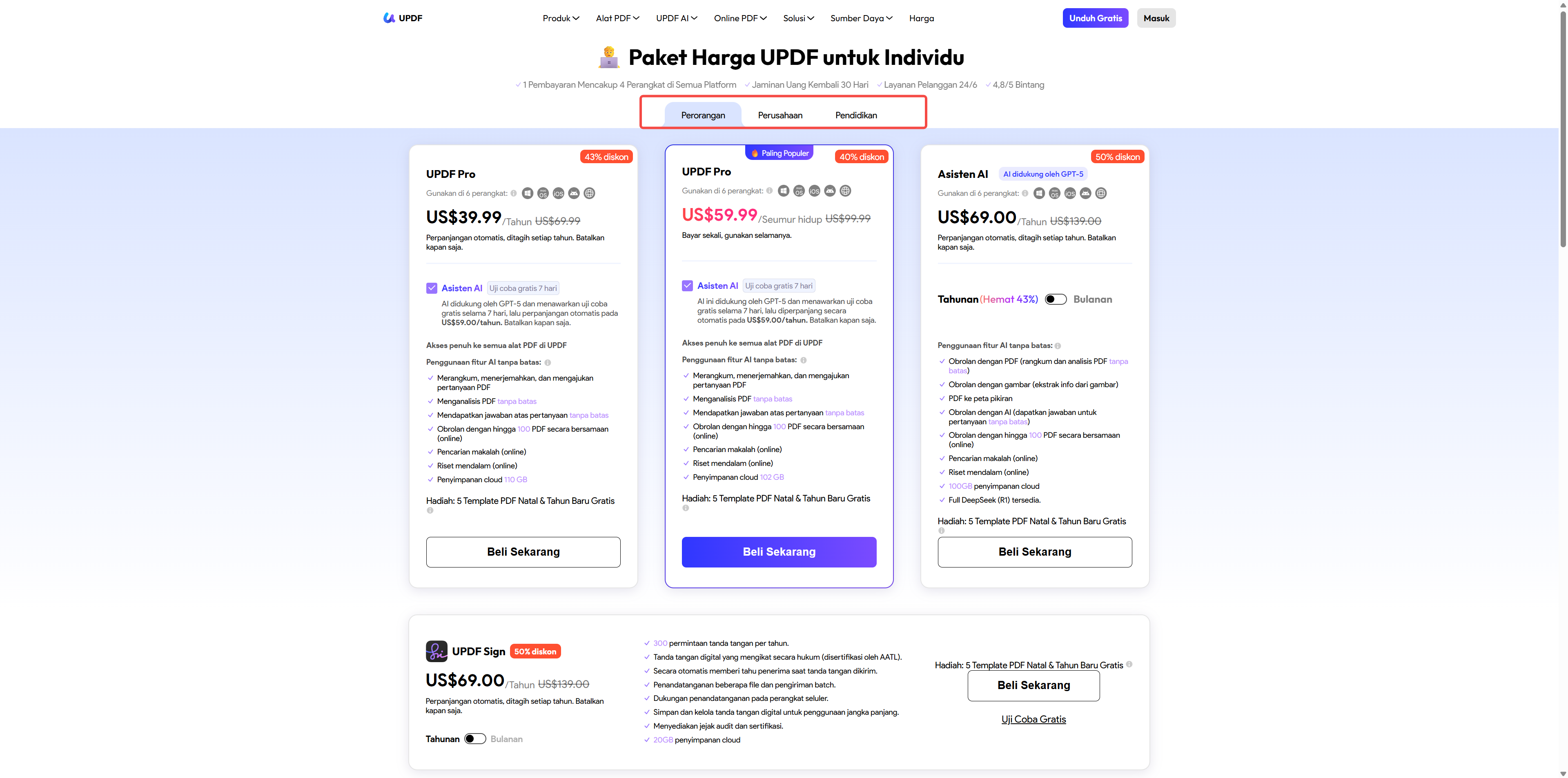 Halaman harga UPDF dengan diskon USD 10