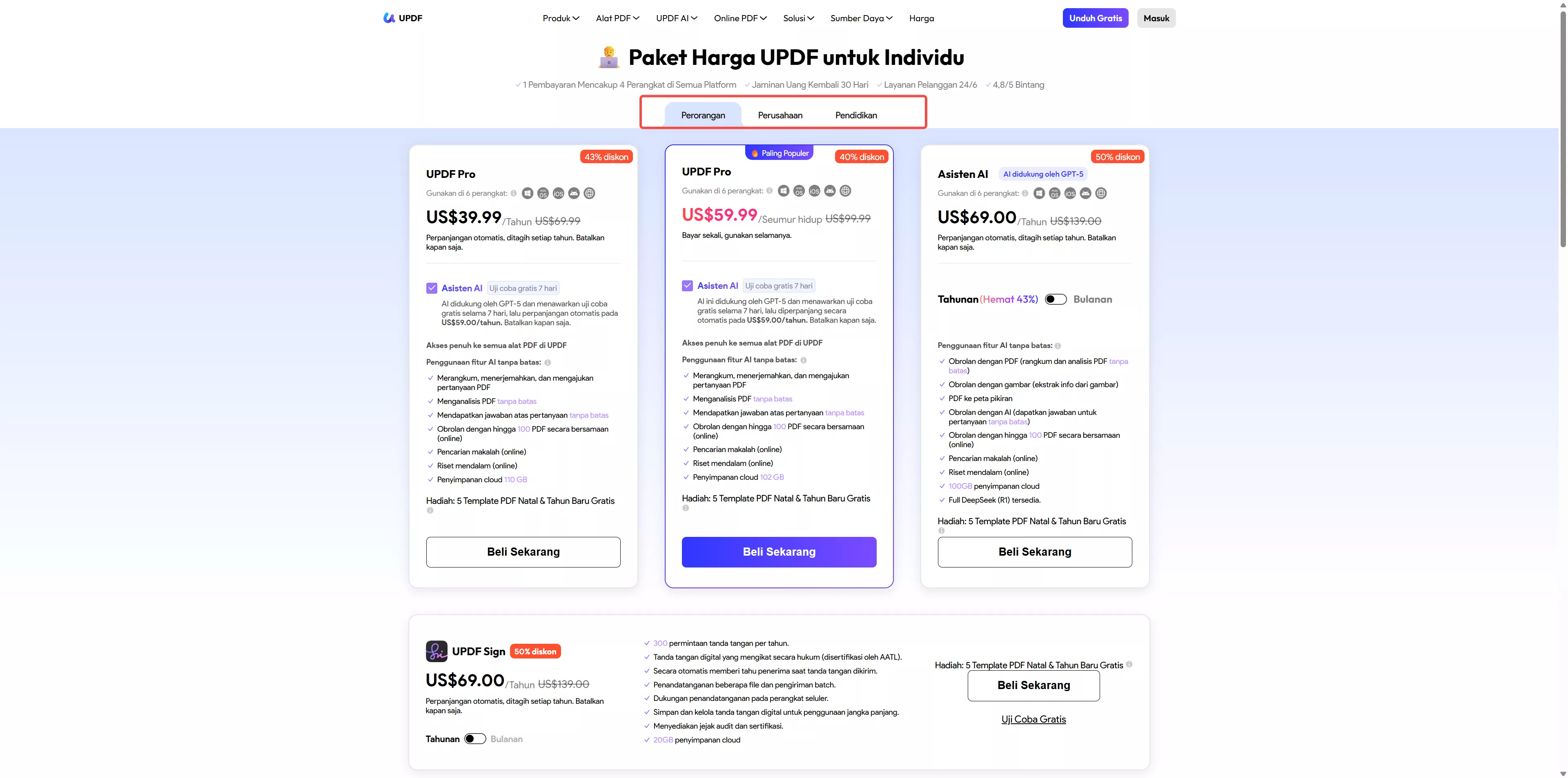 Halaman harga UPDF dengan diskon USD 10