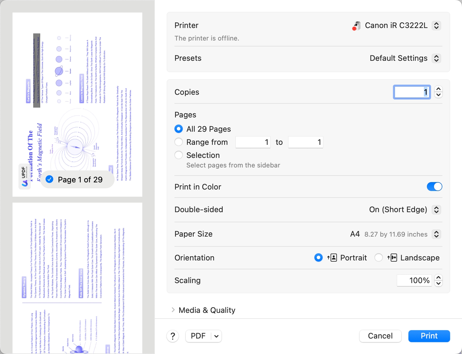 define page settings print updf mac