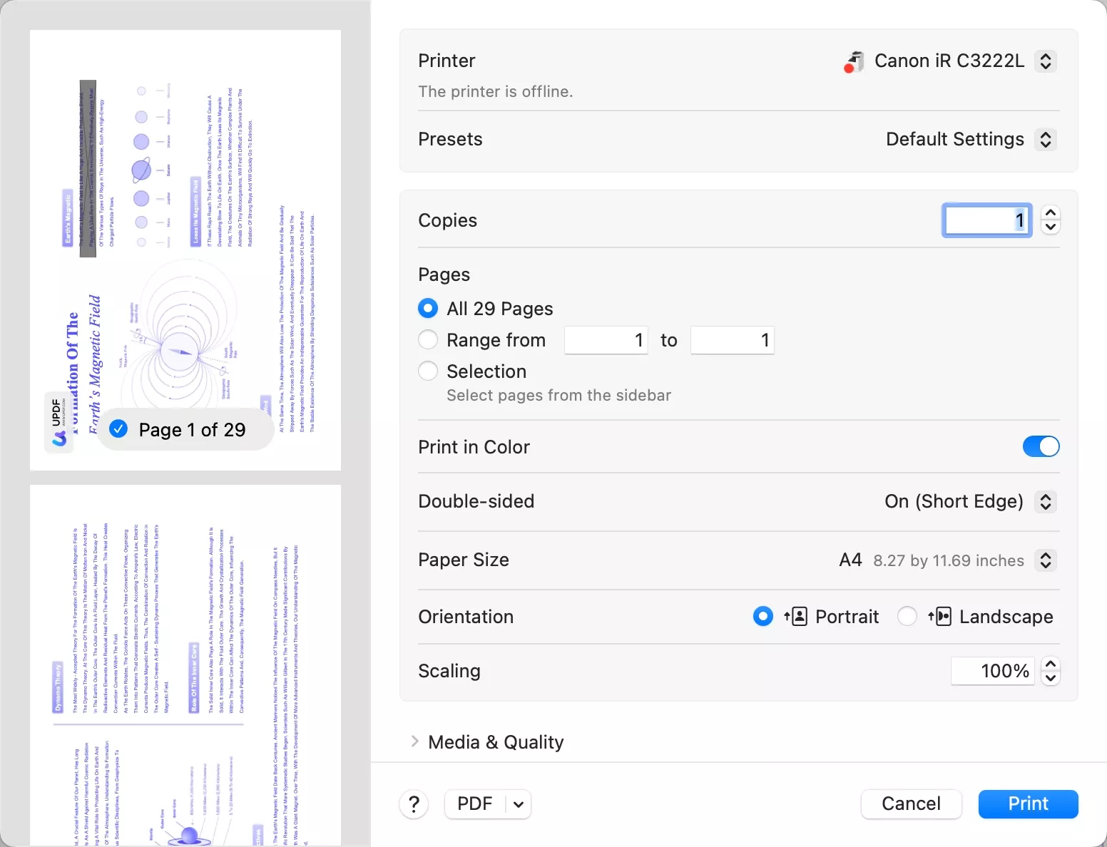 define page settings print updf mac
