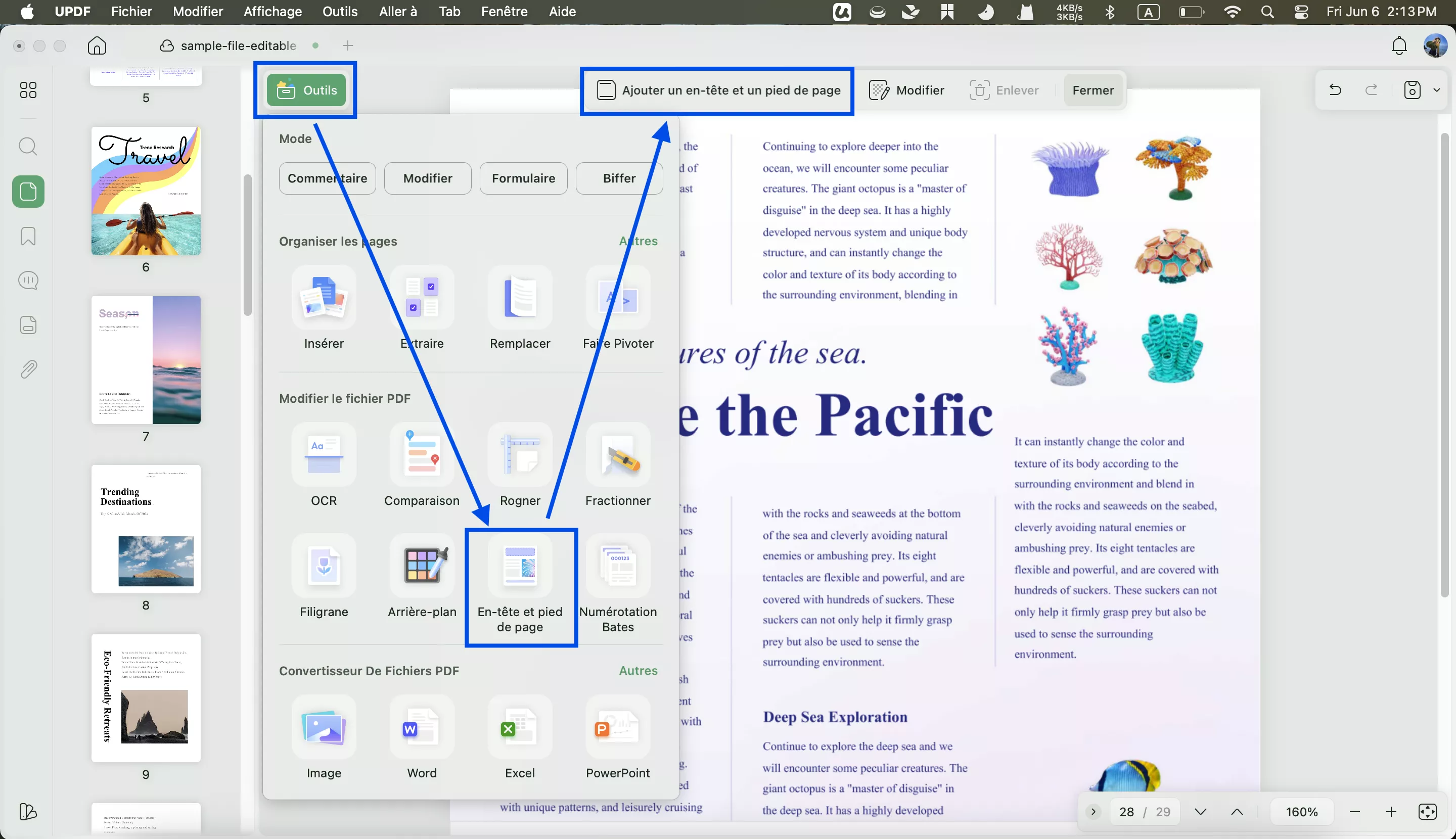 ajouter un en-tête et un pied de page à partir des outils