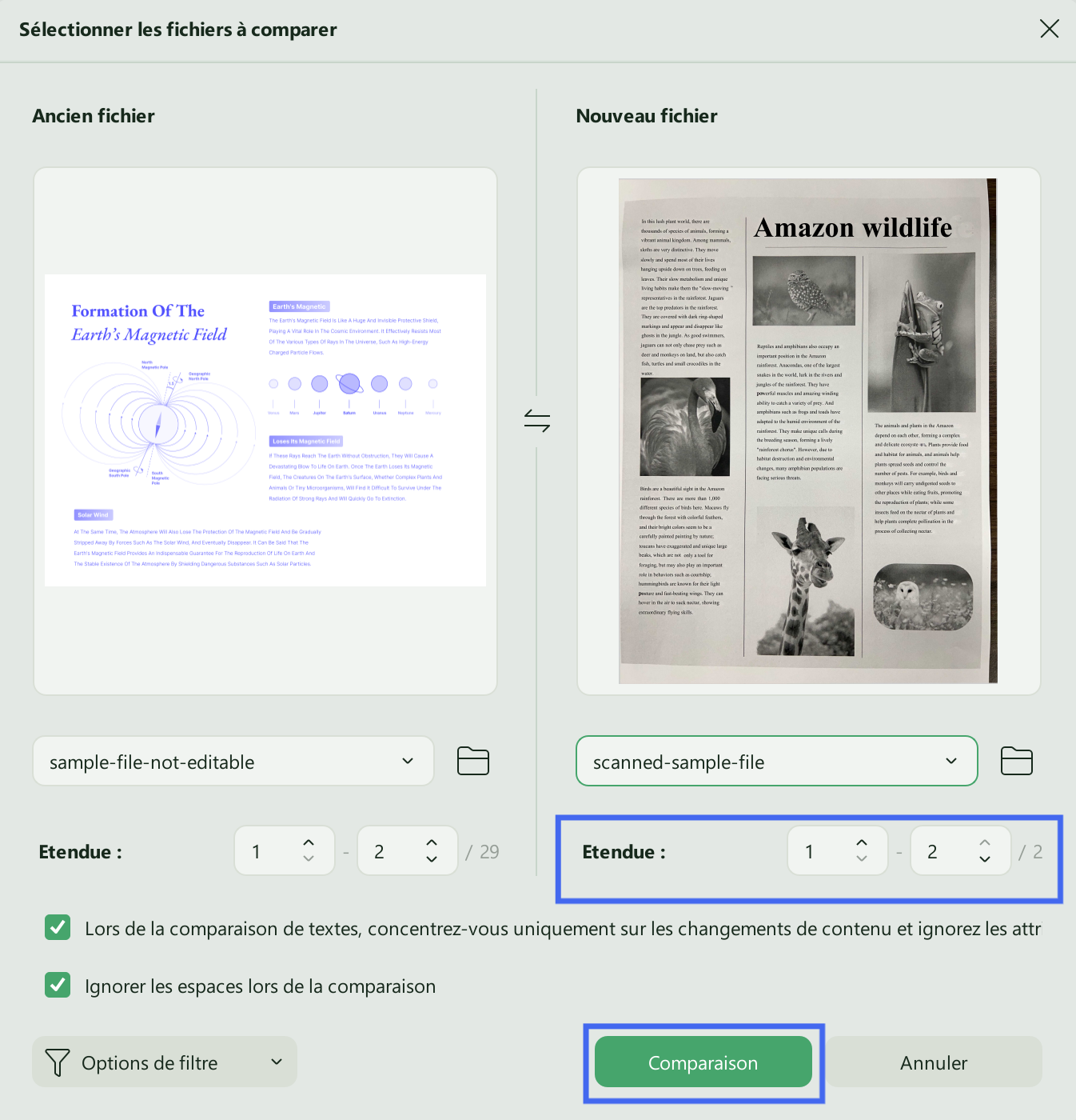 choisir la plage de pages à comparer updf windows 2