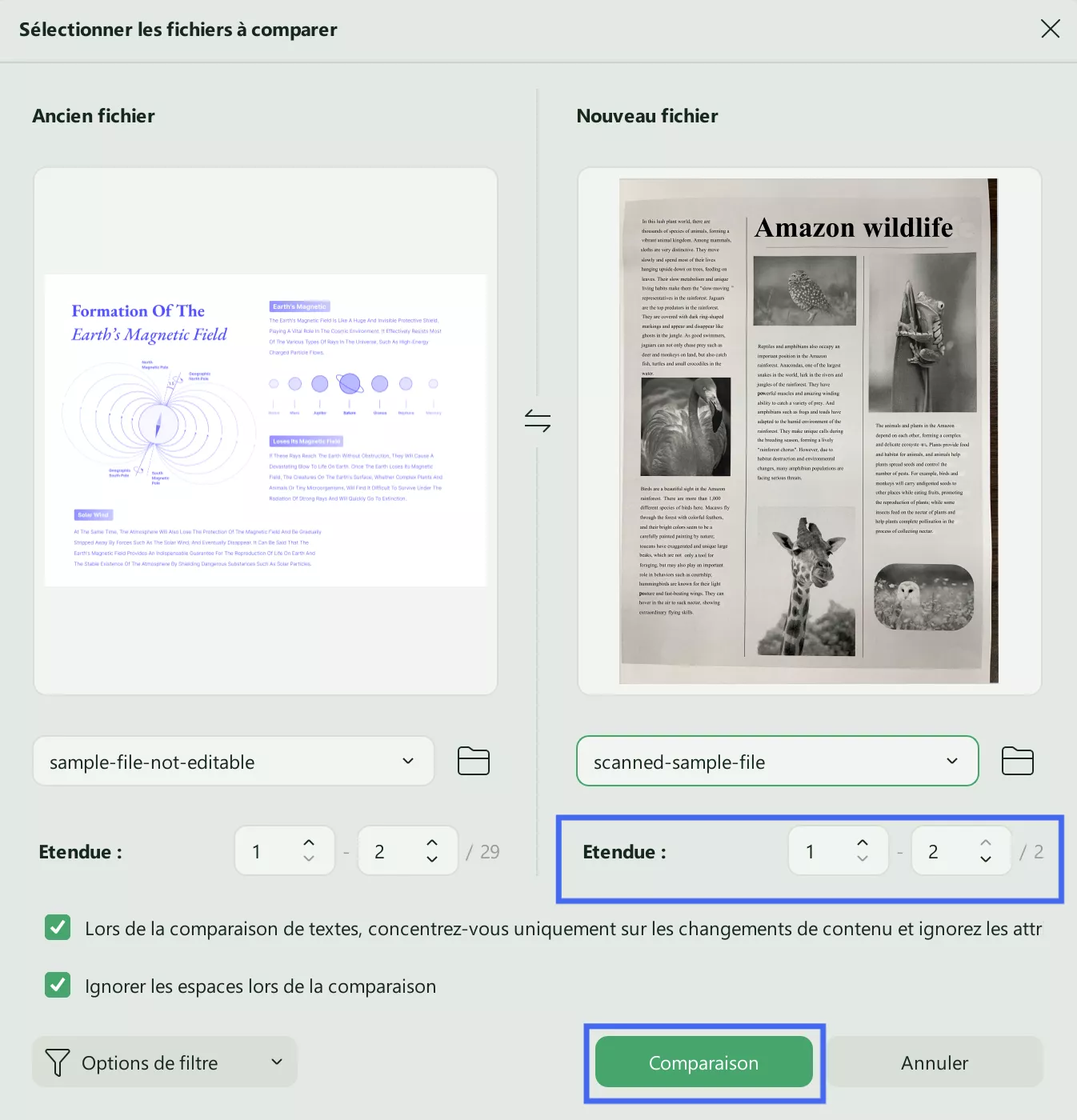 choisir la plage de pages à comparer updf windows 2