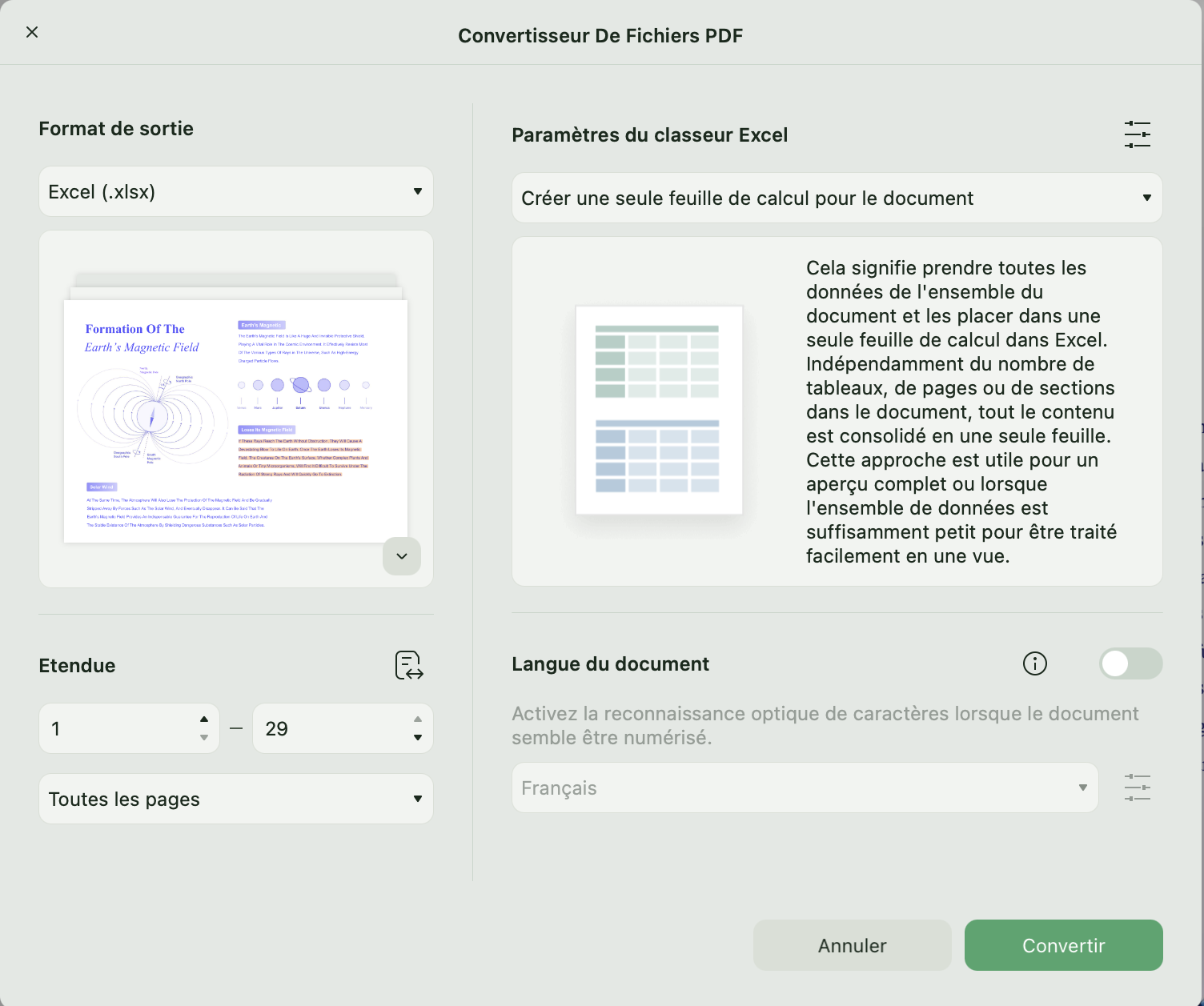 conversion de PDF en Excel, mise à jour au format PDF pour Mac