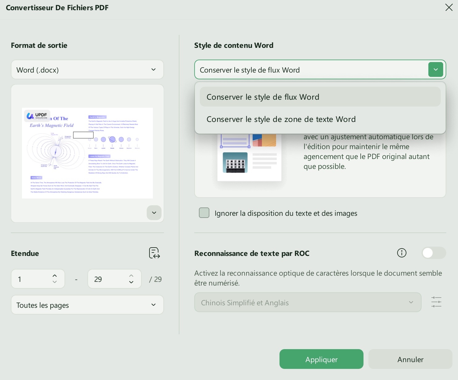 ajuster les paramètres de style de conversion updf windows