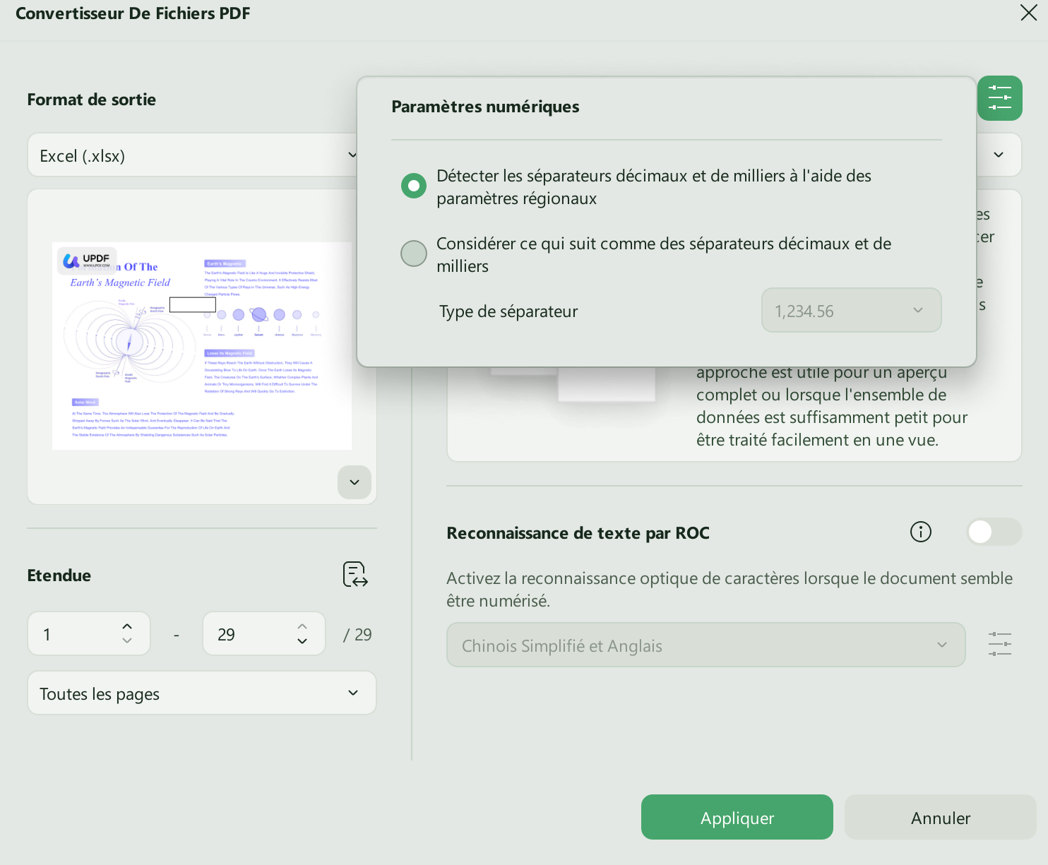 ajuster les paramètres numériques pour le fichier Excel updf Windows 2