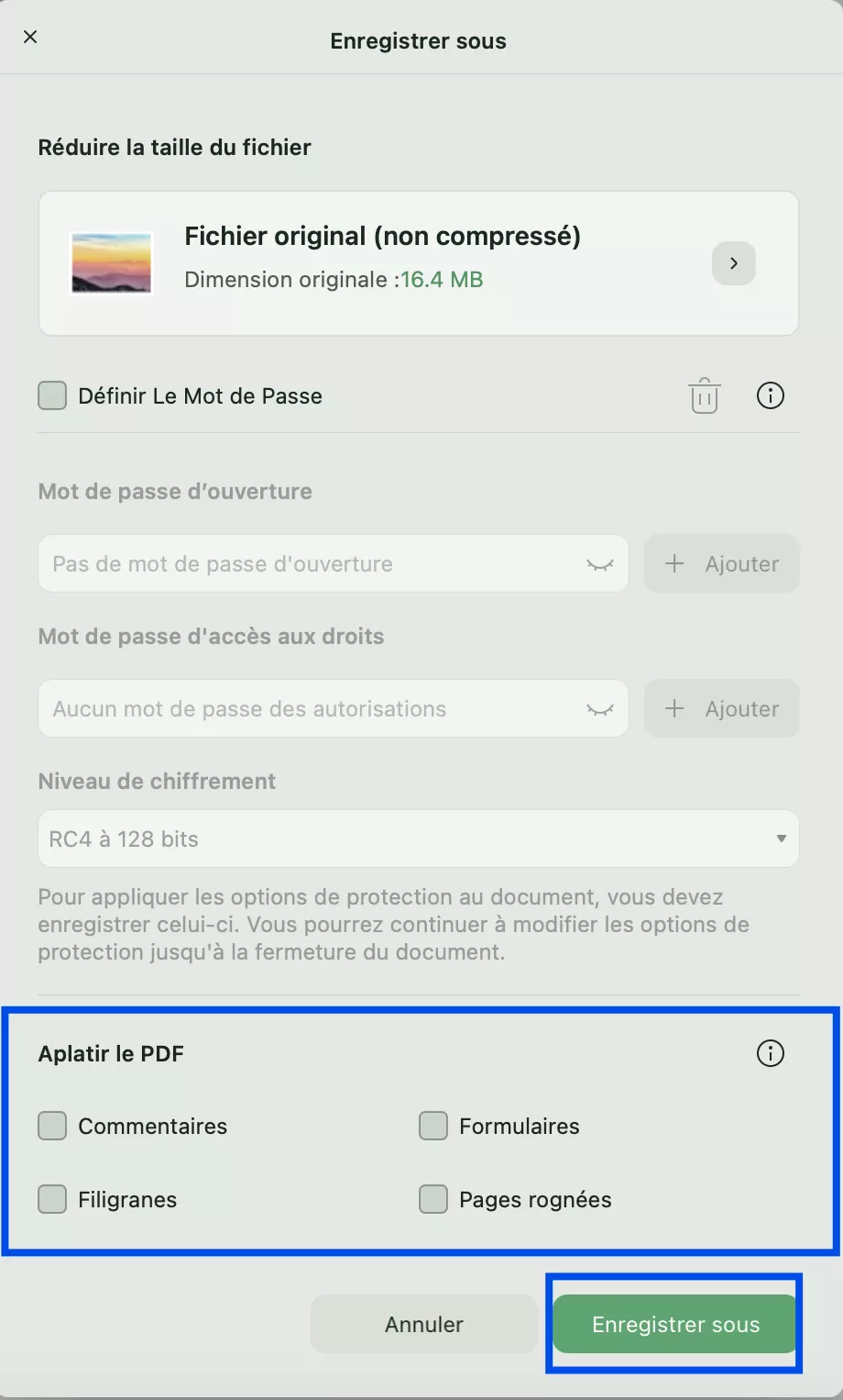 définir les paramètres d'aplatissement sur updf mac
