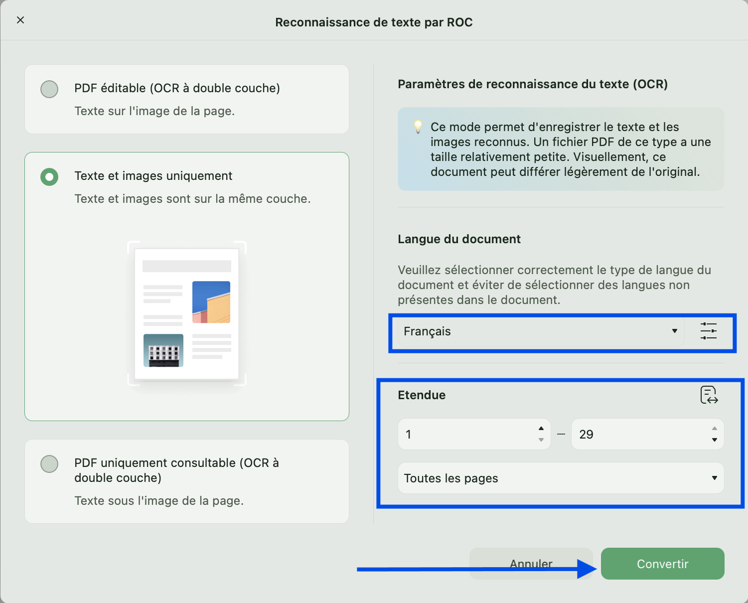 choisir la langue et d'autres paramètres pour ocr updf mac