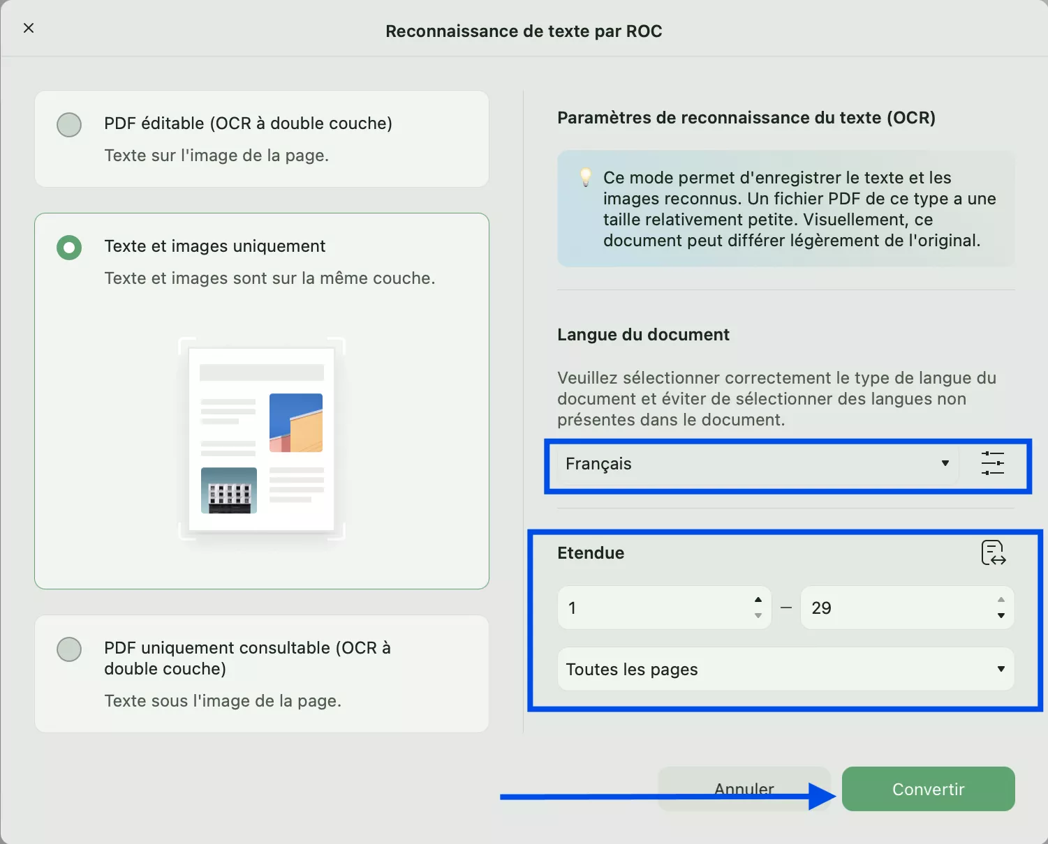 choisir la langue et d'autres paramètres pour ocr updf mac