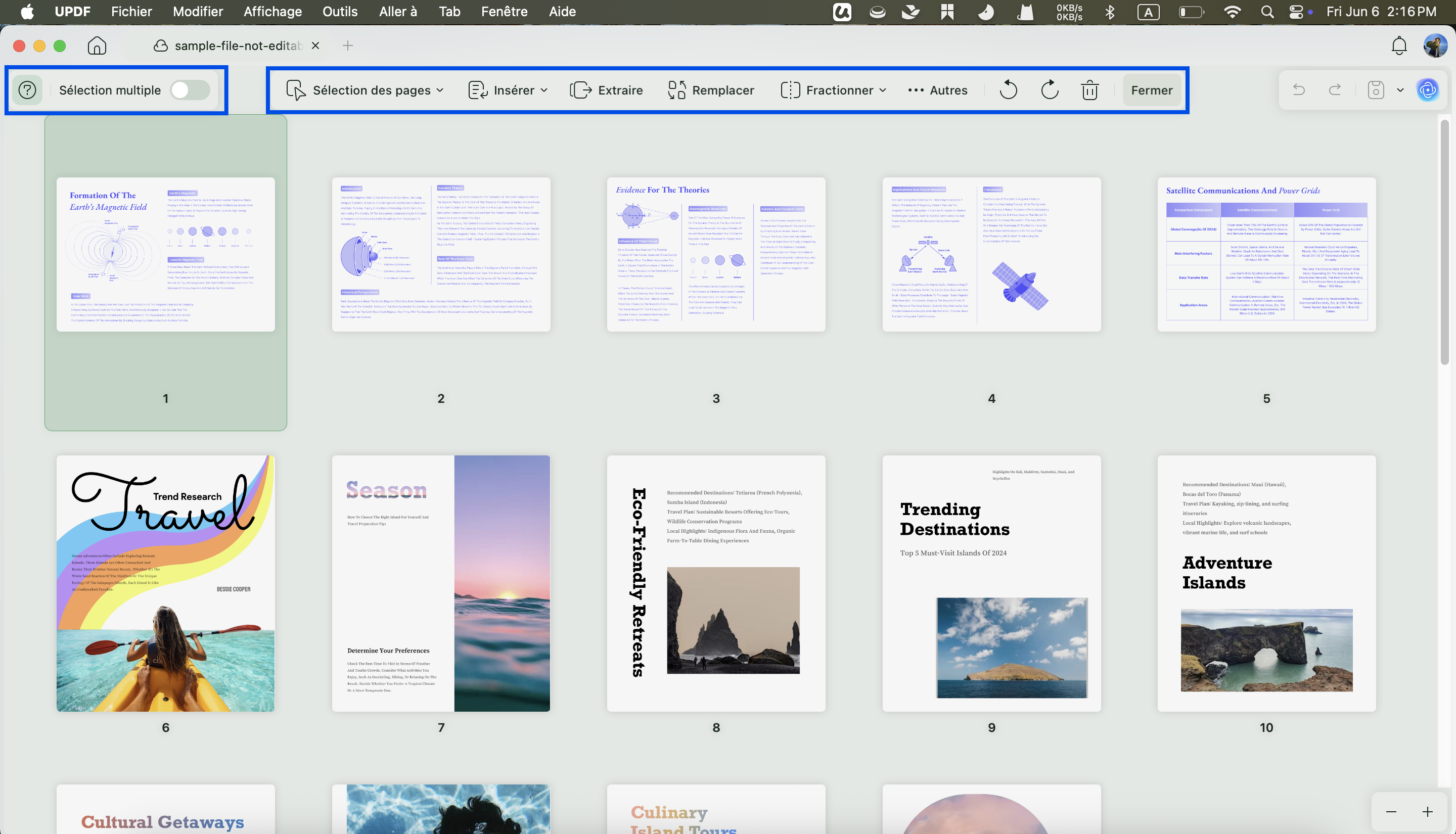 organiser les pages PDF, menu updf mac