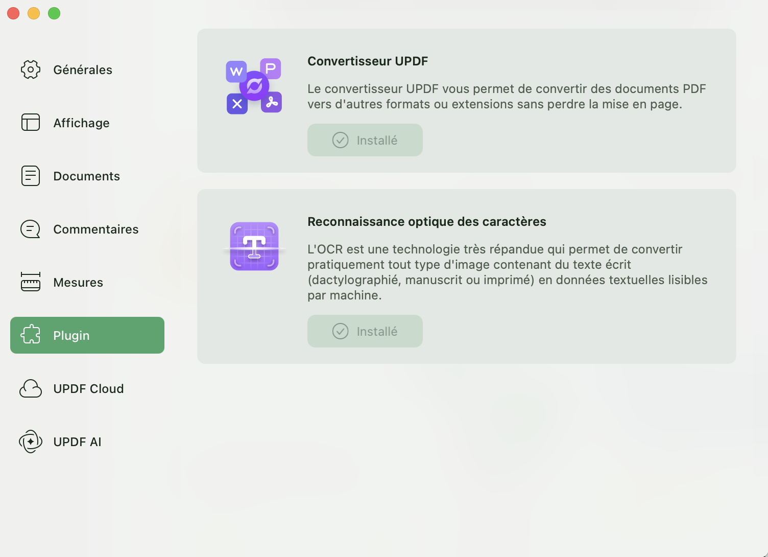 préférences du plugin updf mac