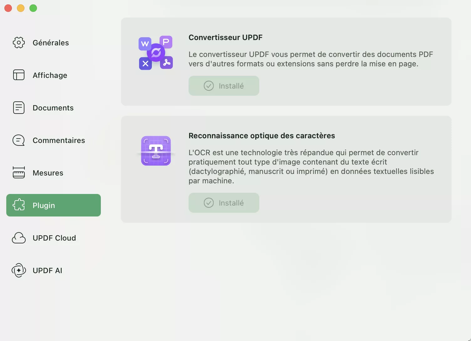 préférences du plugin updf mac