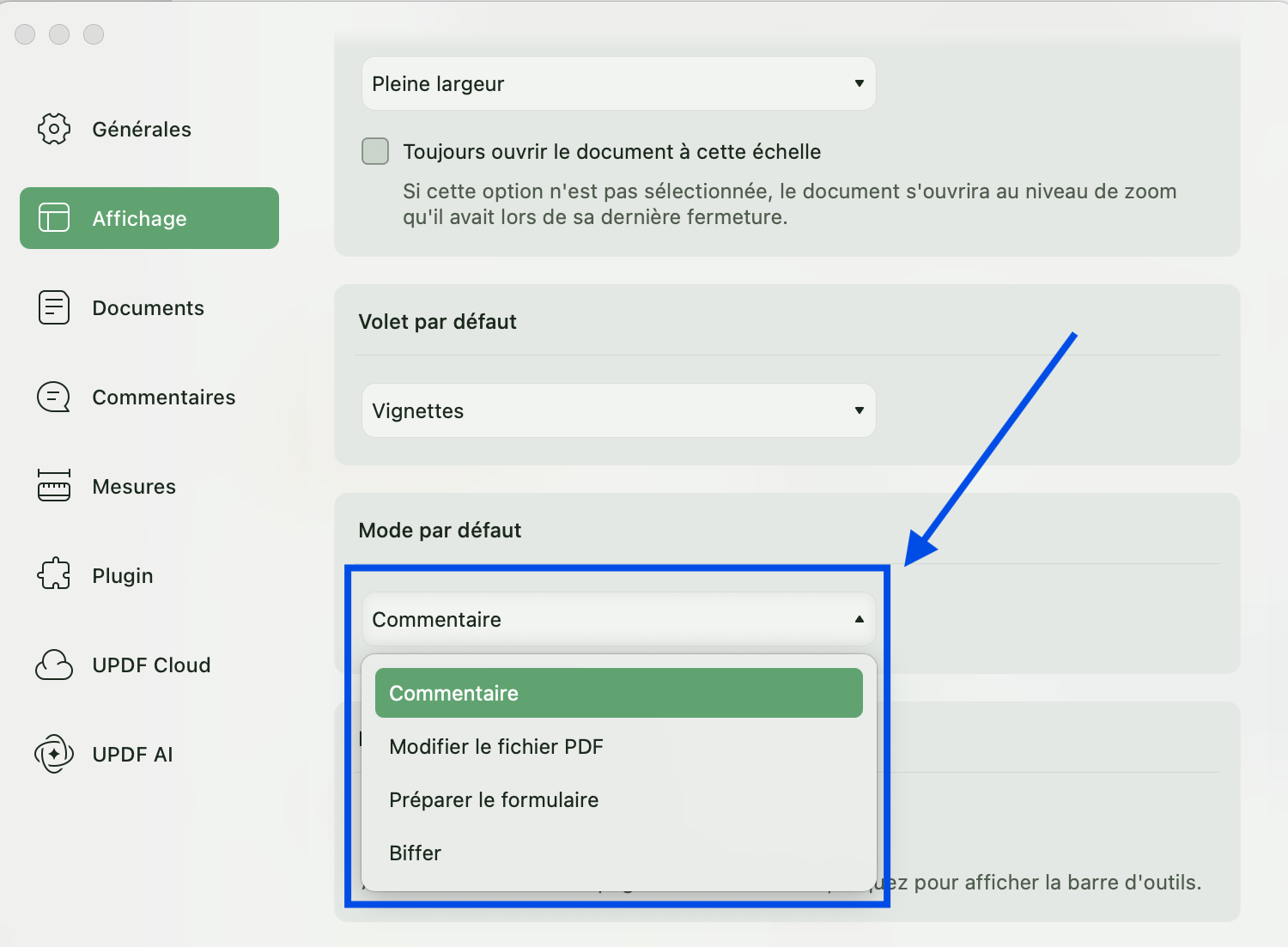 mode par défaut updf mac