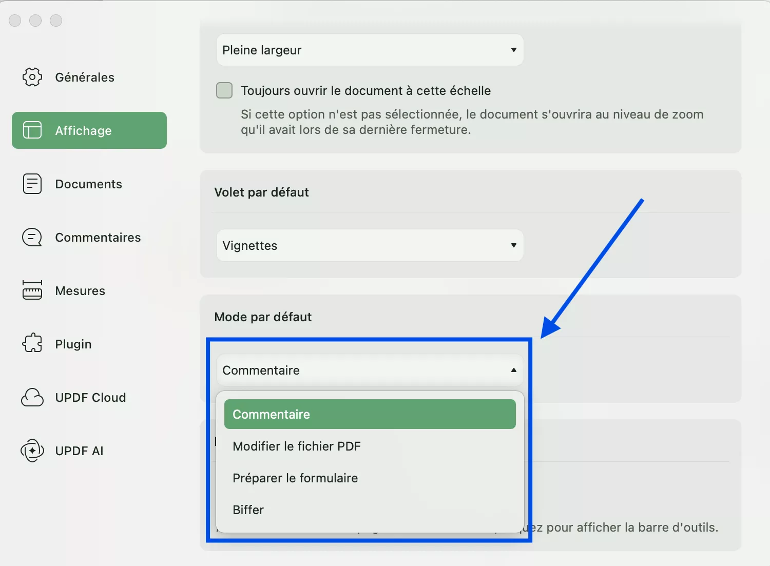 mode par défaut updf mac