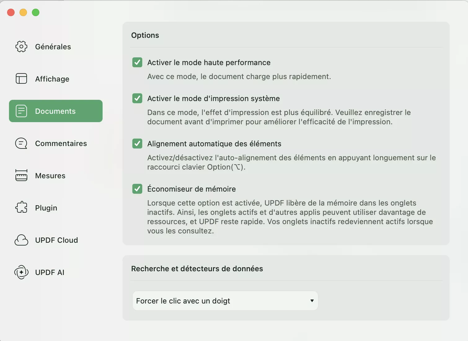 préférences de document updf mac