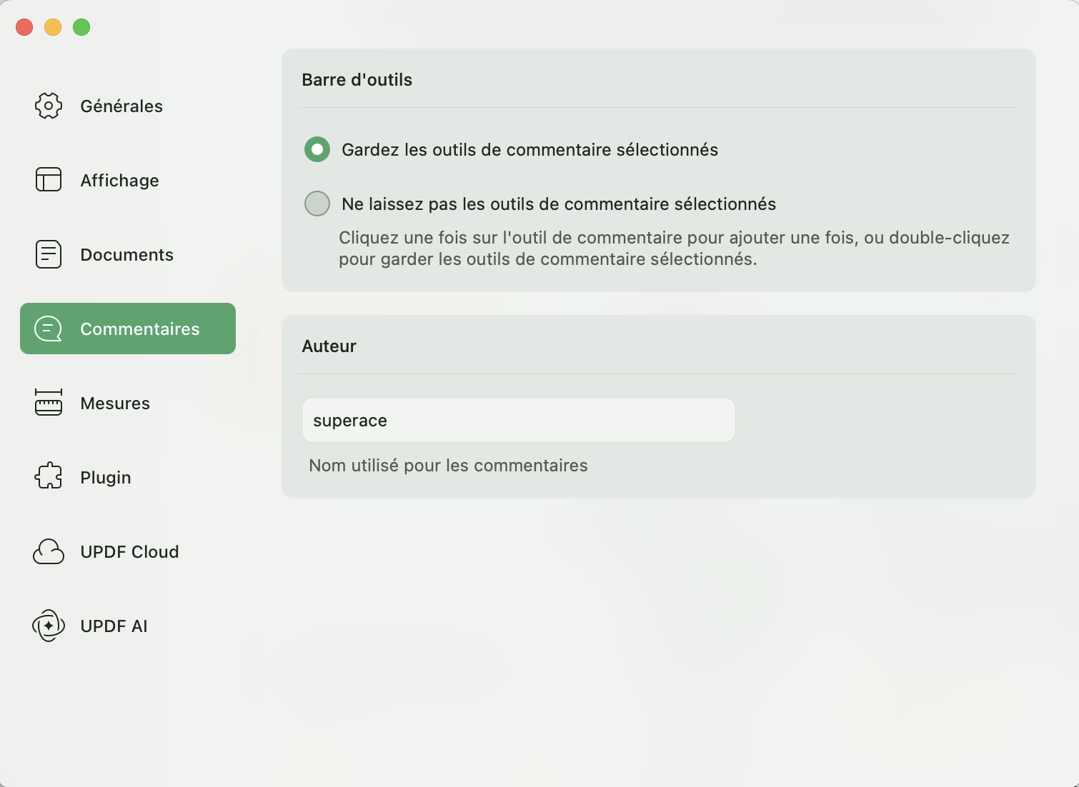 préférences de commentaires updf mac