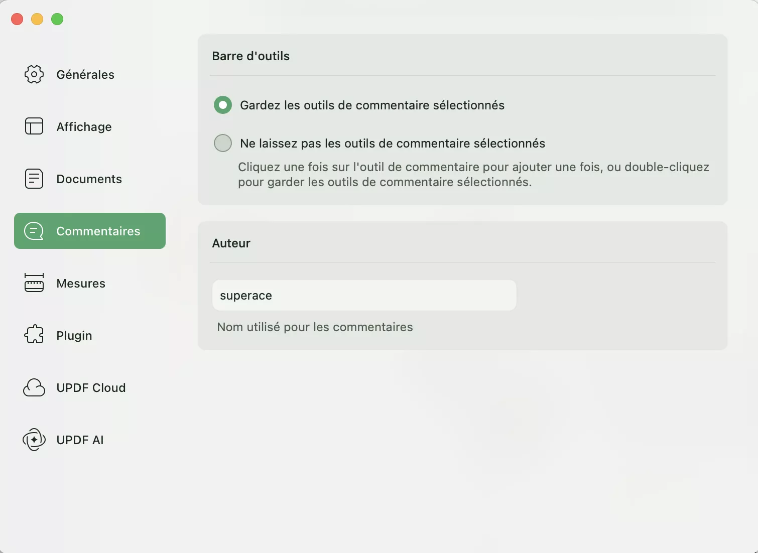 préférences de commentaires updf mac