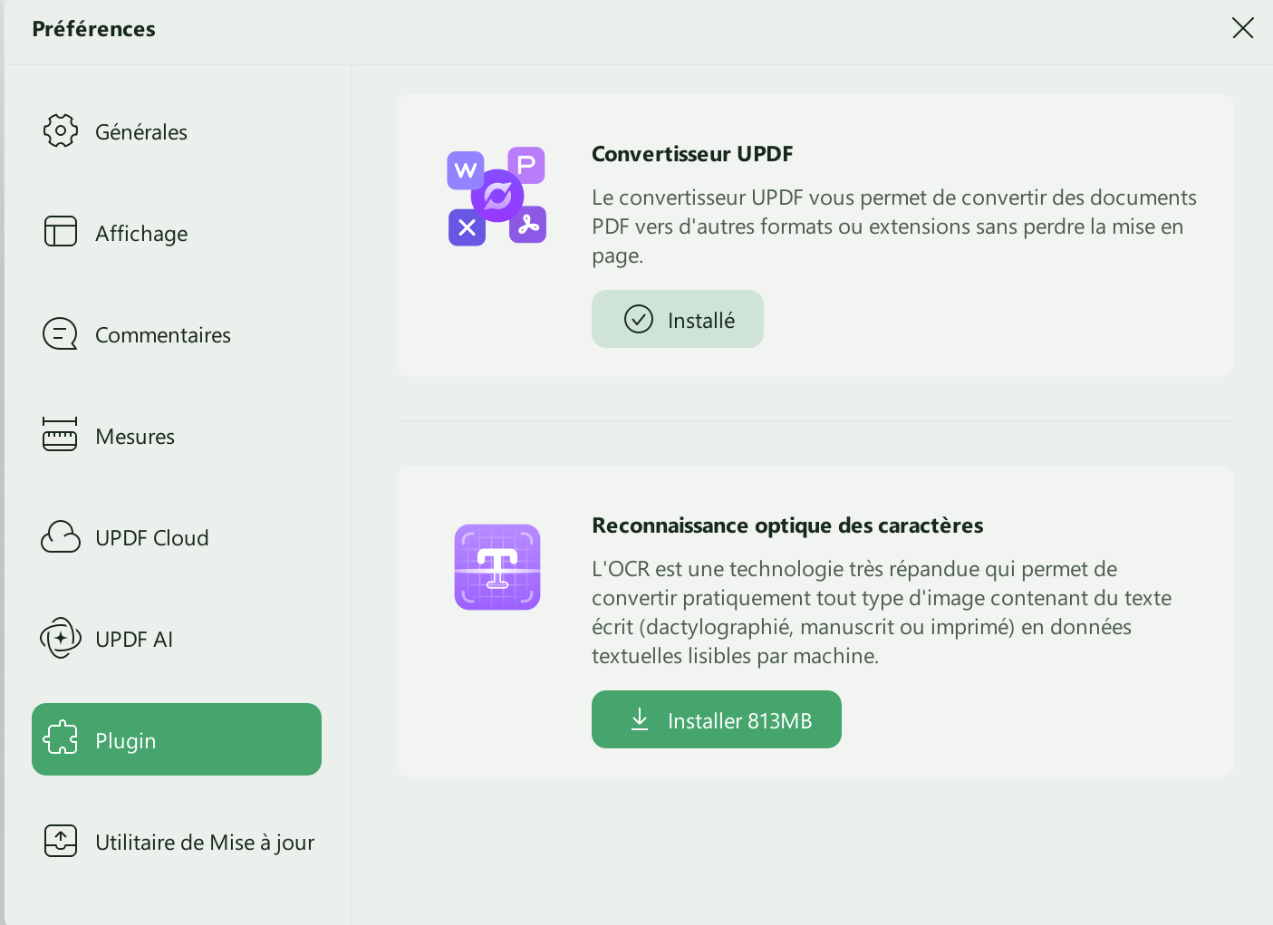 préférences du plugin updf windows 2