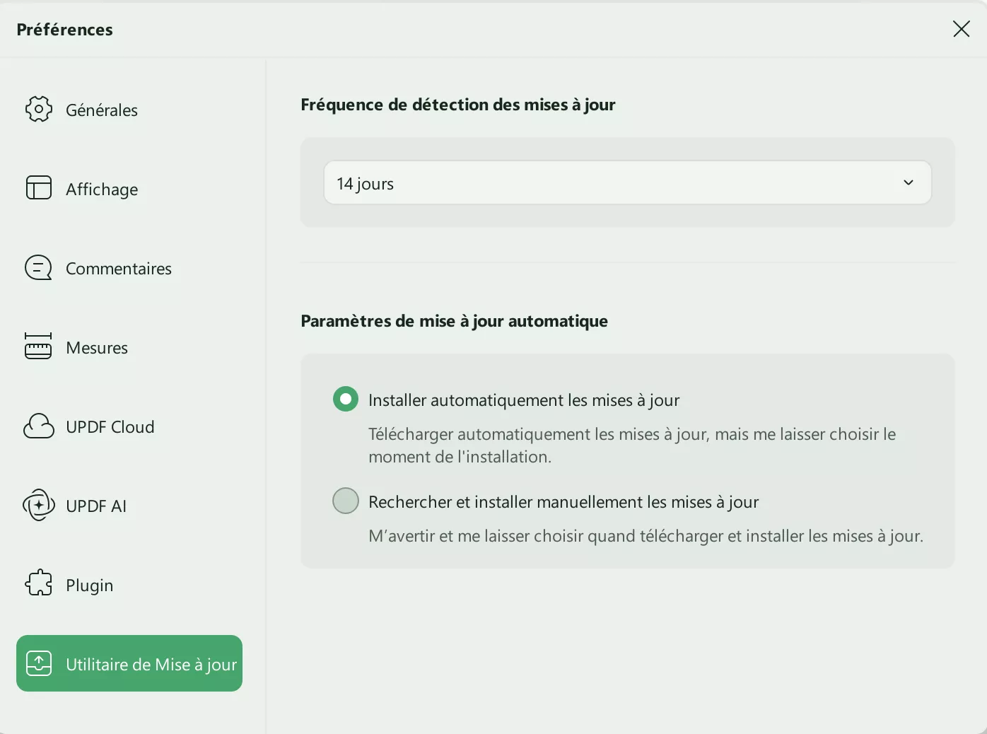 préférences de mise à jour updf windows