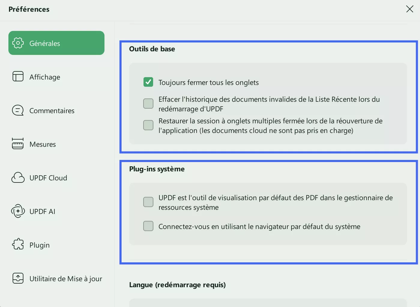 afficher les paramètres généraux de base updf windows 2
