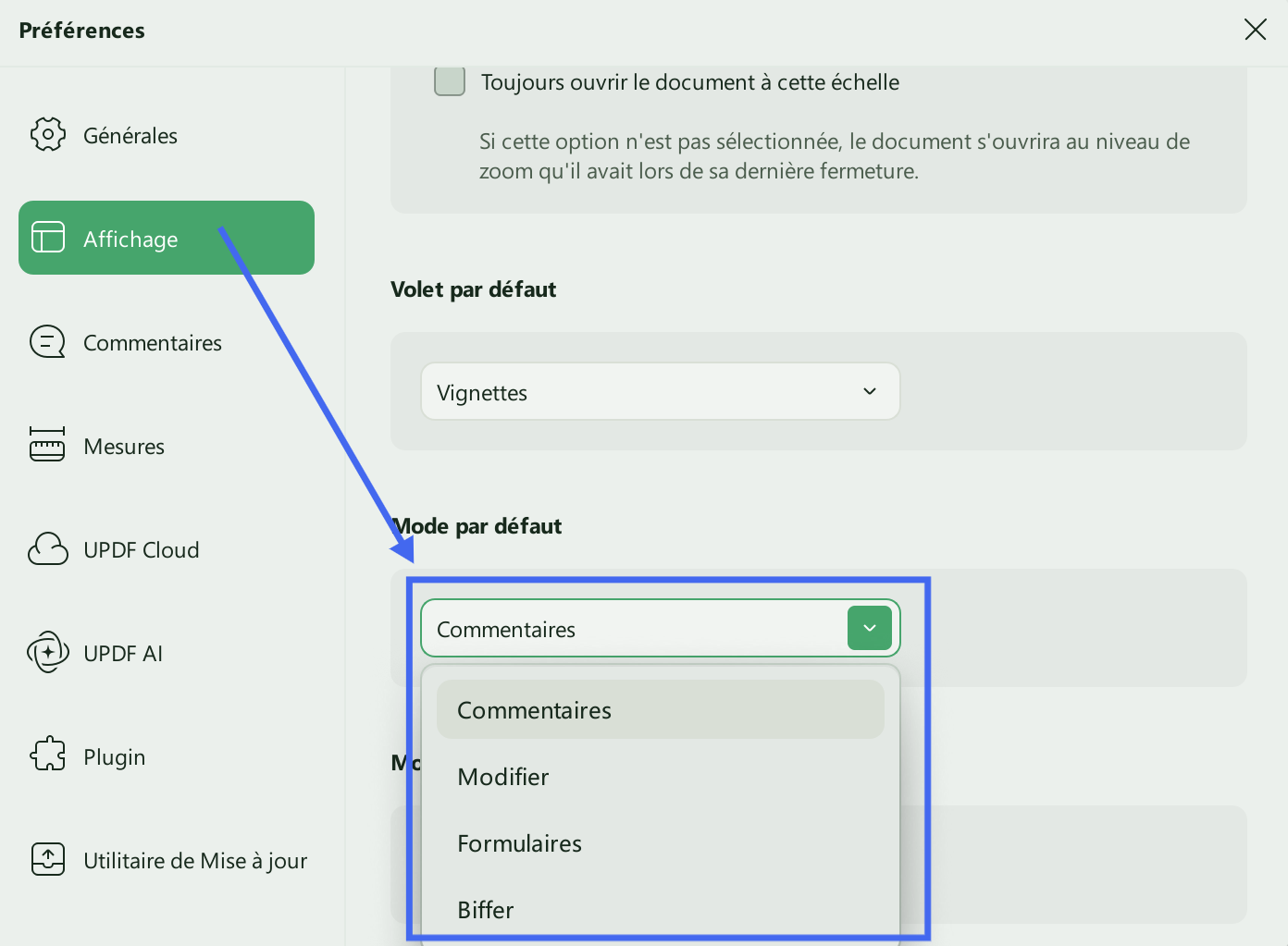 paramètres du mode par défaut updf windows