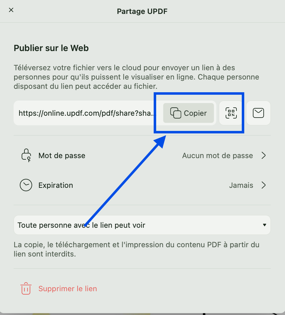 copier le lien ou le code QR pour le fichier PDF UPDF Mac