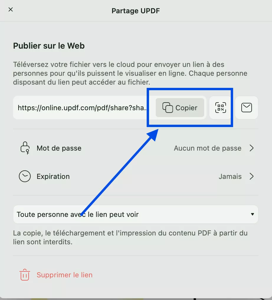 copier le lien ou le code QR pour le fichier PDF UPDF Mac