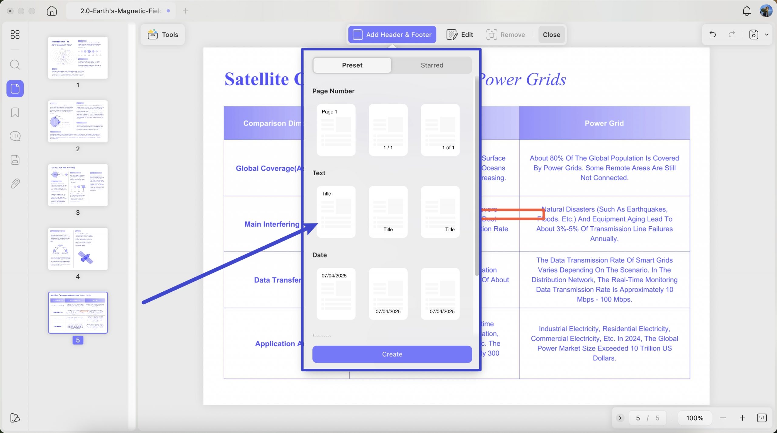 various options to select header and footer
