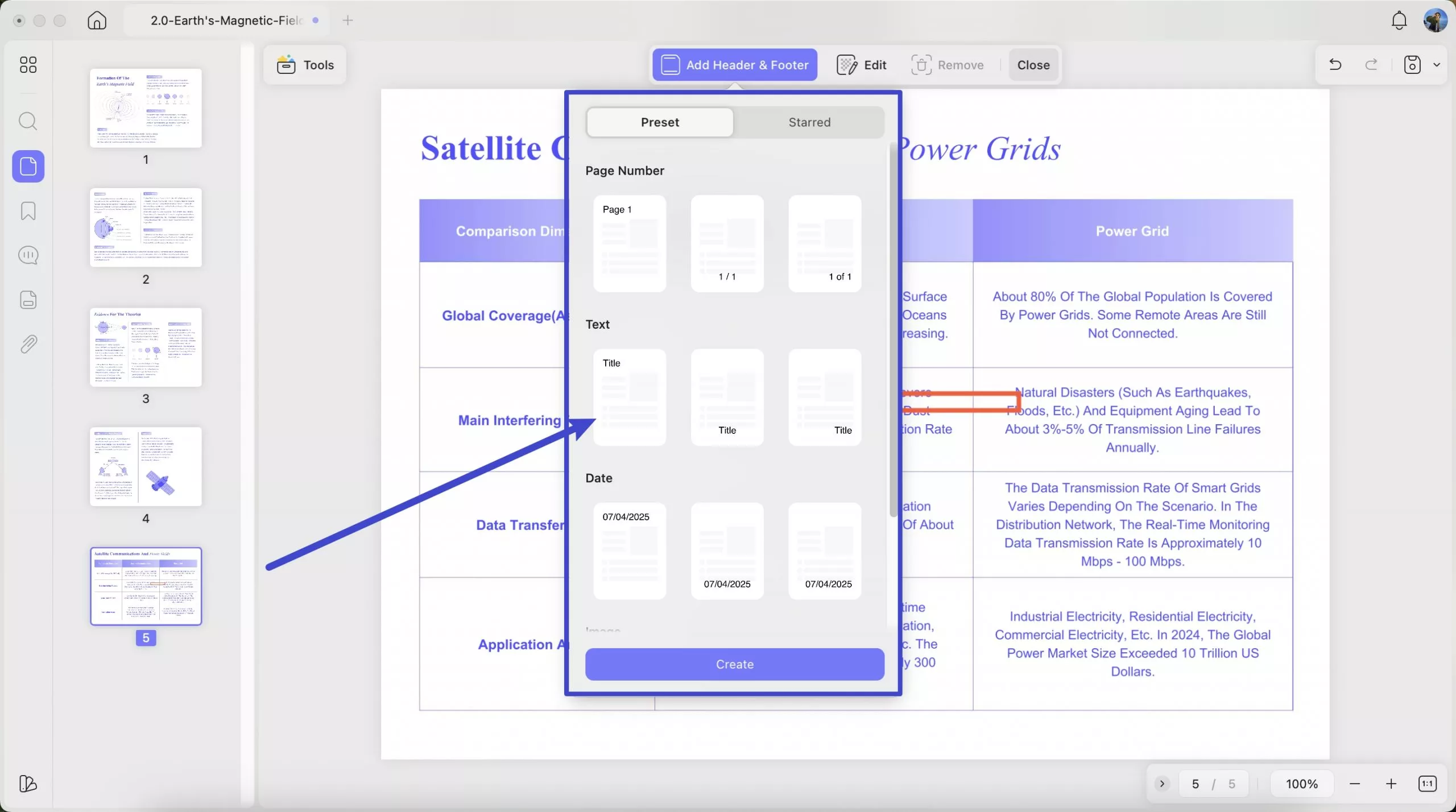various options to select header and footer