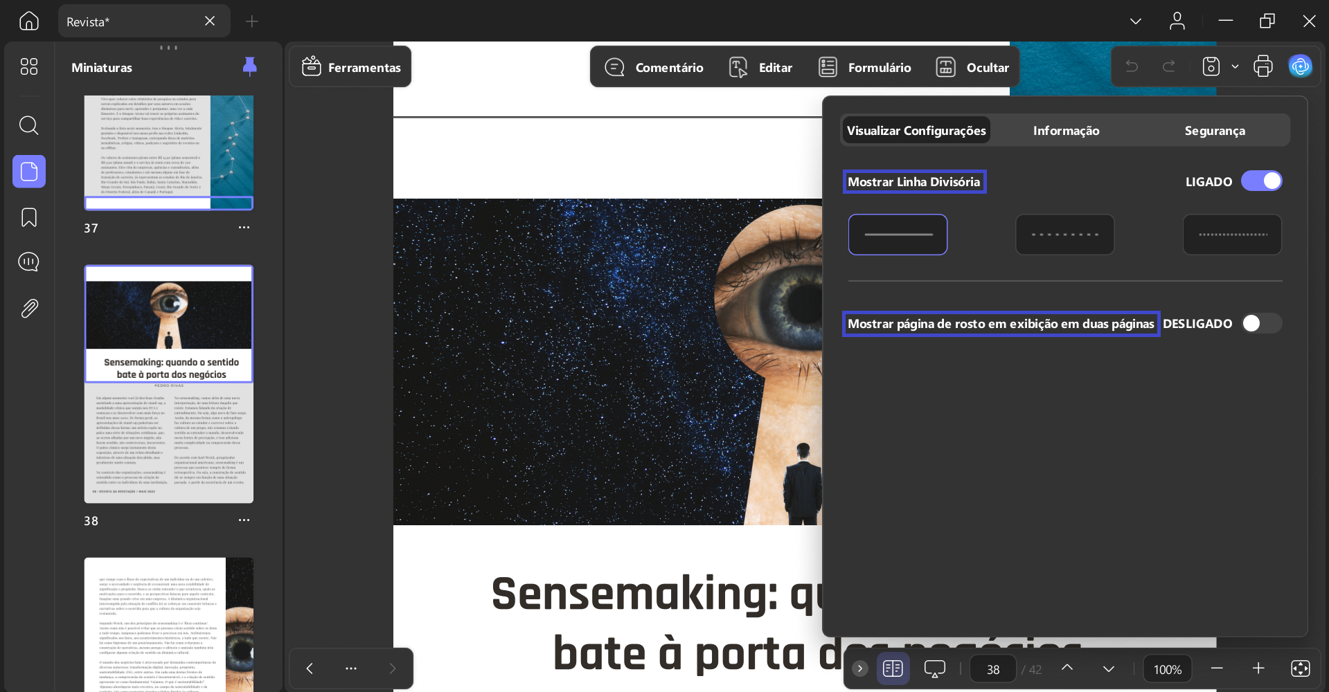 mostrar a página de capa e a linha divisória